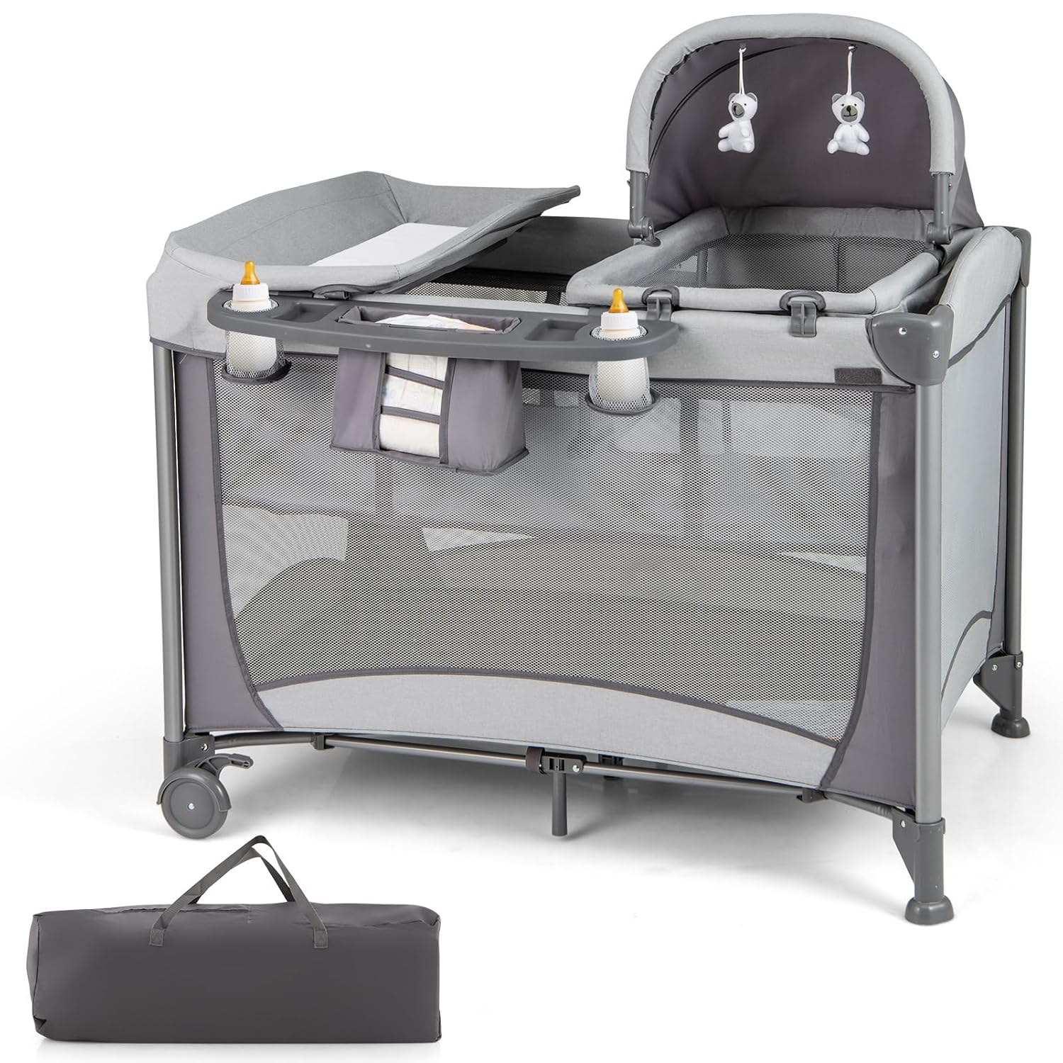 HONEY JOY Pack and Play with Bassinet, 5 in 1 Portable Baby Playard w/Changing Table, Removable Infant Full-Size Bassinet & Mattress, Diaper Storage Bag, Foldable Newborn Playpen w/Carry Bag
