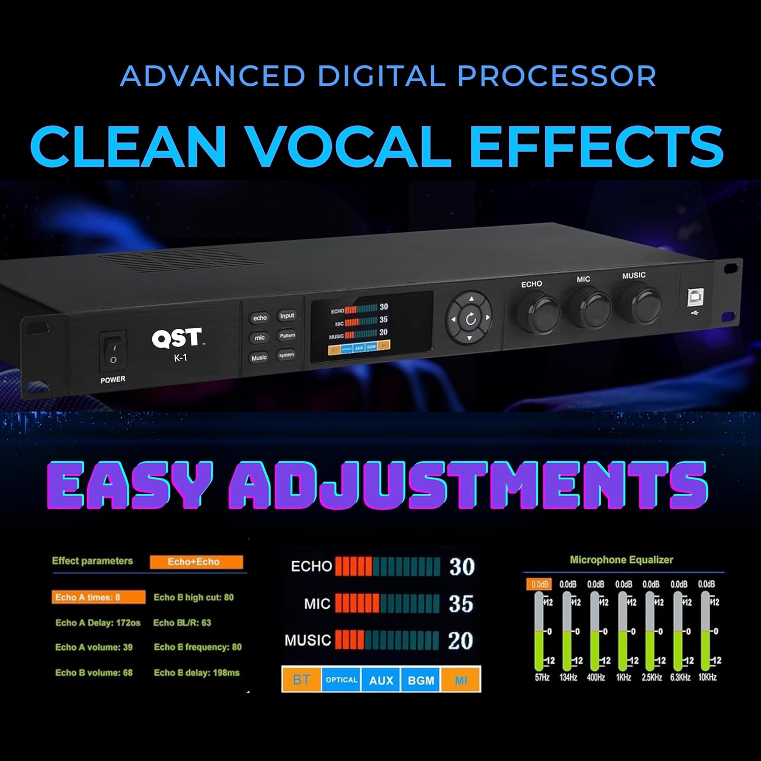 QST K-1 Professional KTV microphone Digital Preamp Effector Anti-feedback Audio Processor Bluetooth Optical,with Remote Control,For Household karaoke Reverberator,Stage,Church, Performance,Wedd
