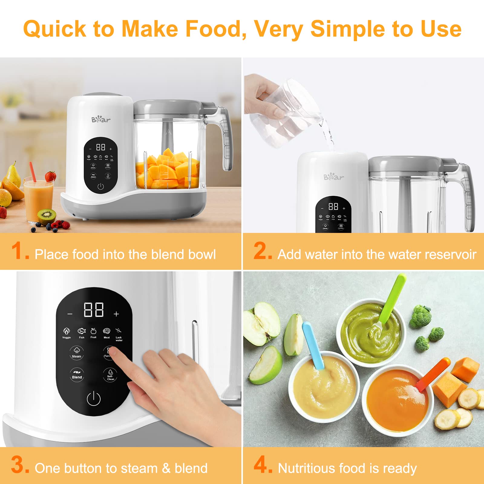BAR BEAR 2024 Baby Food Maker | One-Step Steamer & Blender