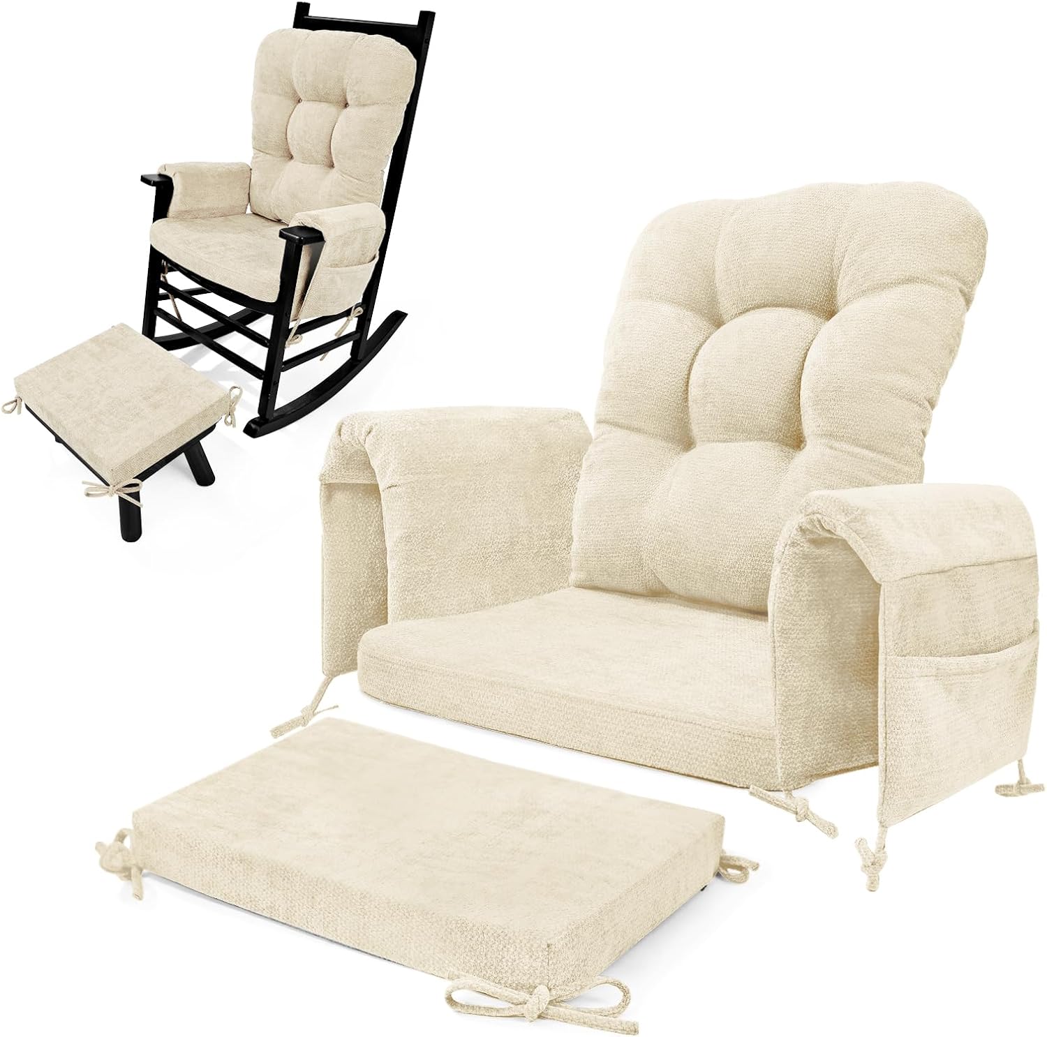 5 PCS Glider Rocker Replacement Cushions with Storage Side Pocket, Luxuriy Chenille Fabric Foam & Microfiber Filling, Thickened & Supportive Rocking Chair Cushion Set, Beige