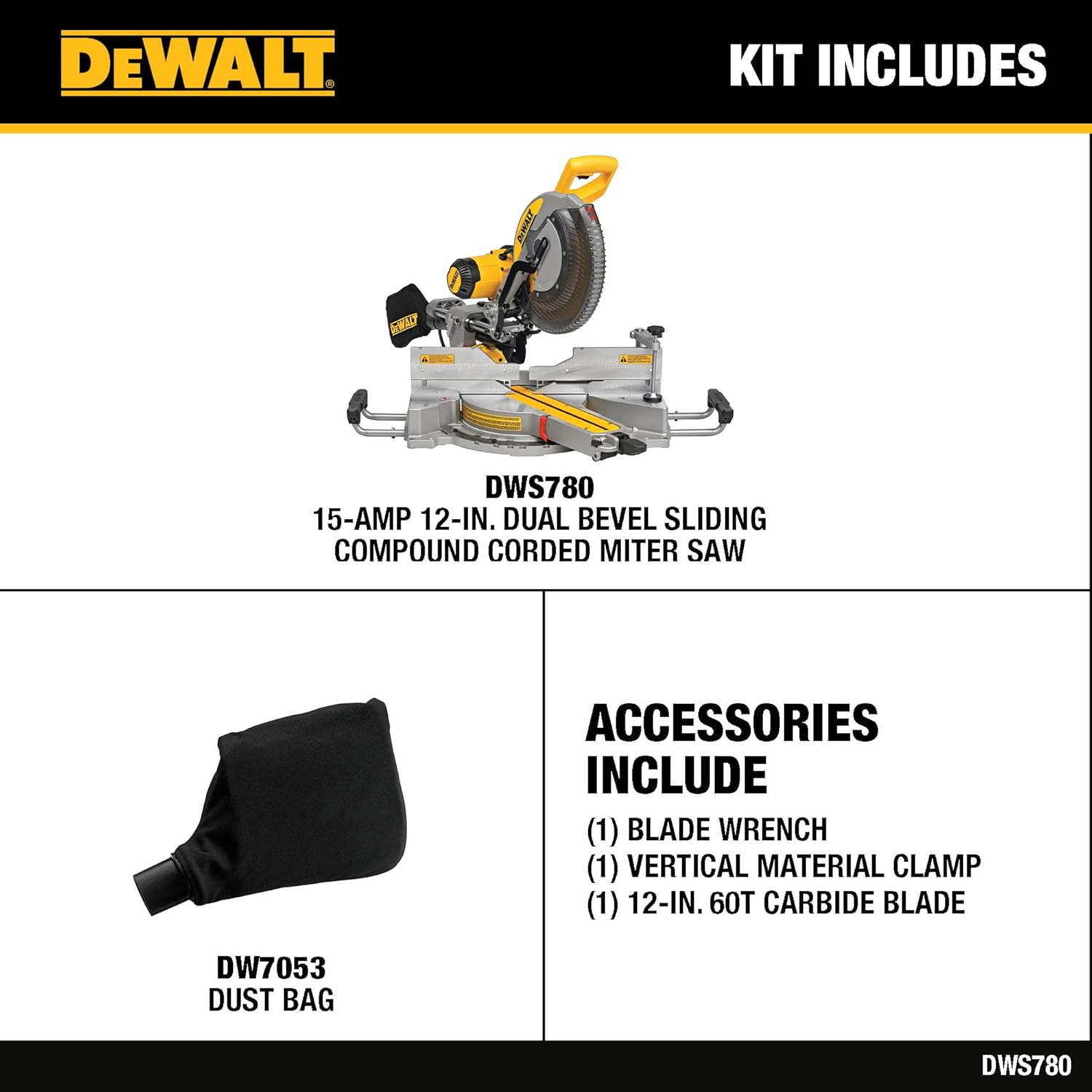 DEWALT Miter Saw, 12-inch Double Bevel Sliding Compound Miter Saw with XPS LED Shadow Light System, Includes Blade Wrench, Material Clamp and Dust Bag (DWS780)