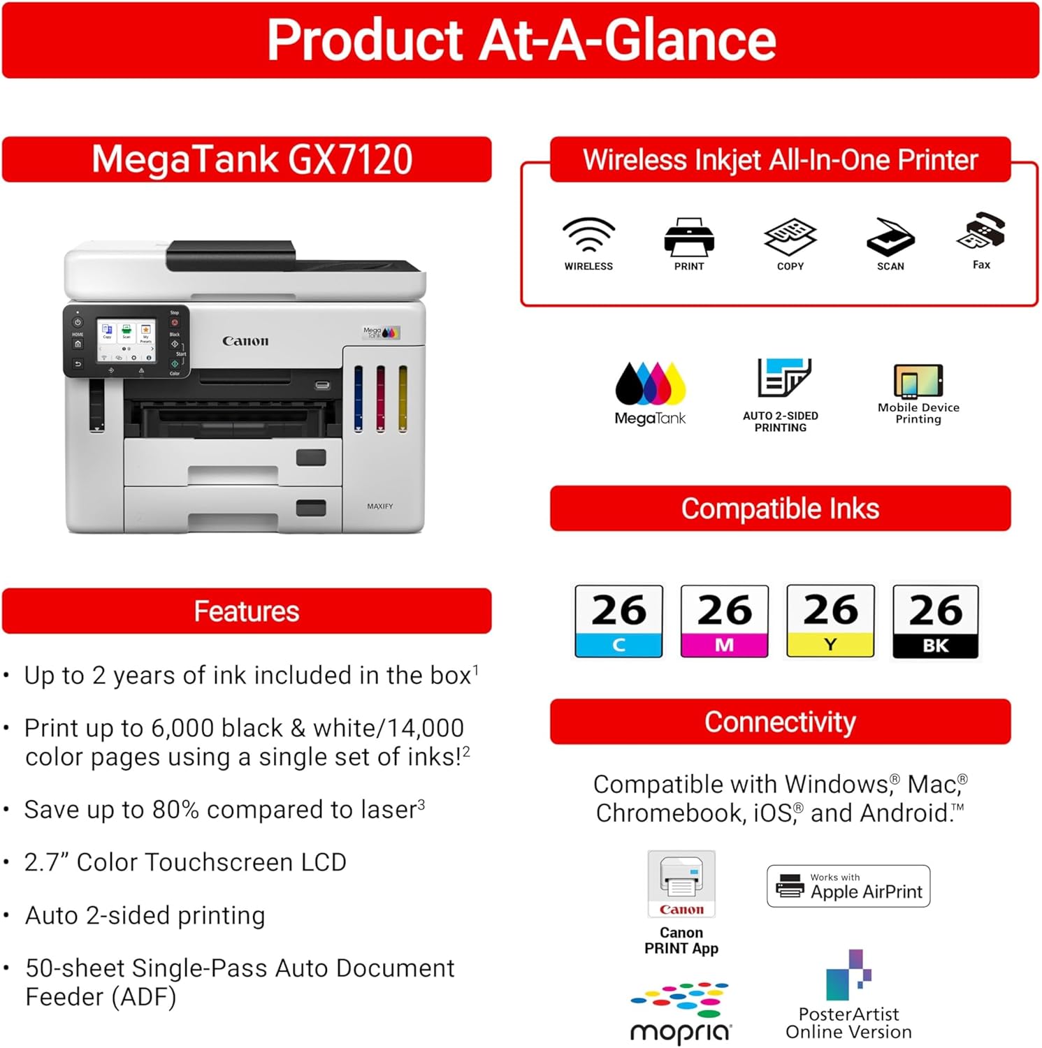Canon Megatank GX7120 Wireless All-in-One Printer, Print, Copy, Scan and Fax with 2.7