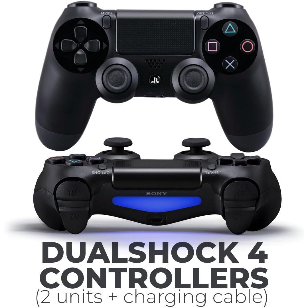 PlayStation 4 Slim 1TB Console Bundle - Includes the PS4 Console Slim 1TB, 2 Dualshock PS4 Wireless Controllers, MicroUSB Charging Cable, HDMI cable, Wired Earbuds and Microfiber Cloth (Renewed)