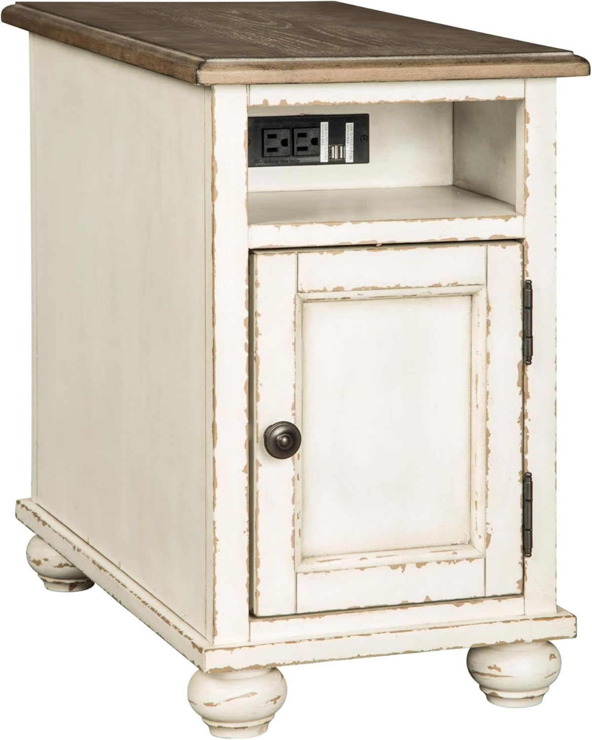 Signature Design by Ashley Realyn French Country Chair Side End Table, Cabinet Storage with Shelf, Outlets and USB Ports, Wood, 14
