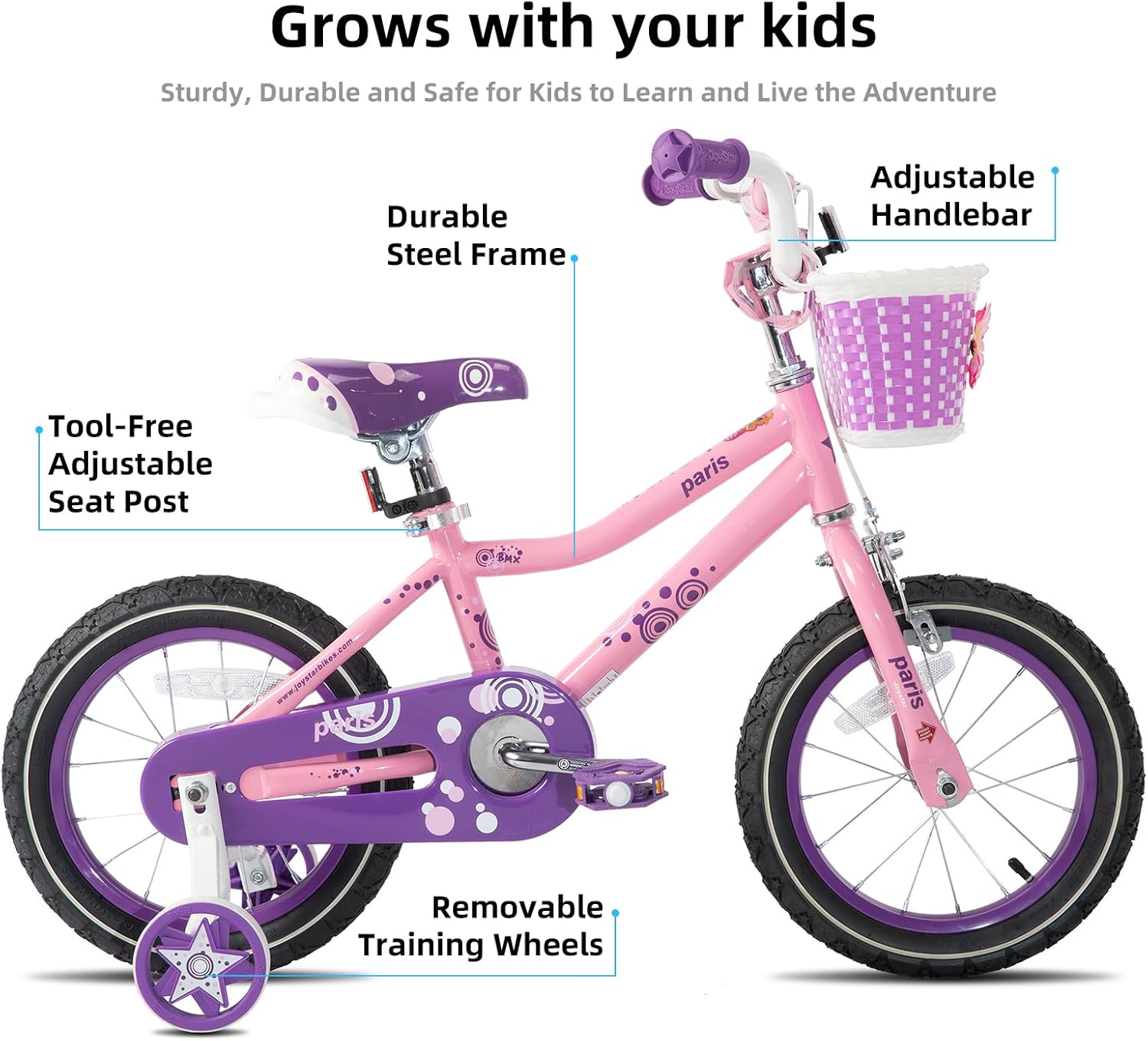 JOYSTAR Paris Girls Bike for Ages 3-8 Years Old, 14 16 18 Inch Kids Bike with Training Wheels, Basket and Handbrake, Multiple Colors