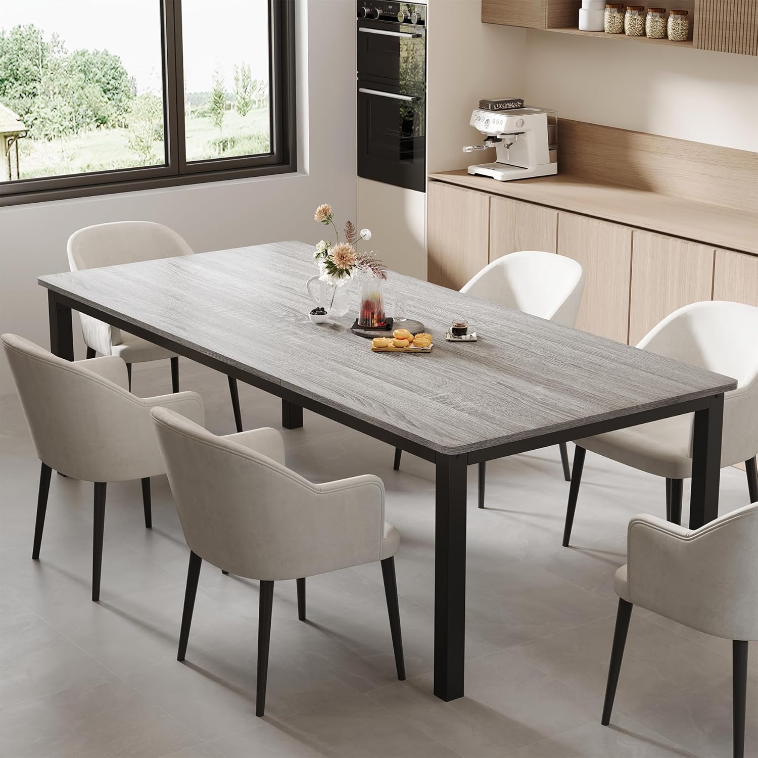 GarveeHome 70.8 in Industrial Dining Table for 6, Wooden Long Dinner Table with Mortise Tenon Design, Kitchen Table with Sturdy Metal Legs, for Dining Room Home Office Living Room, Grey