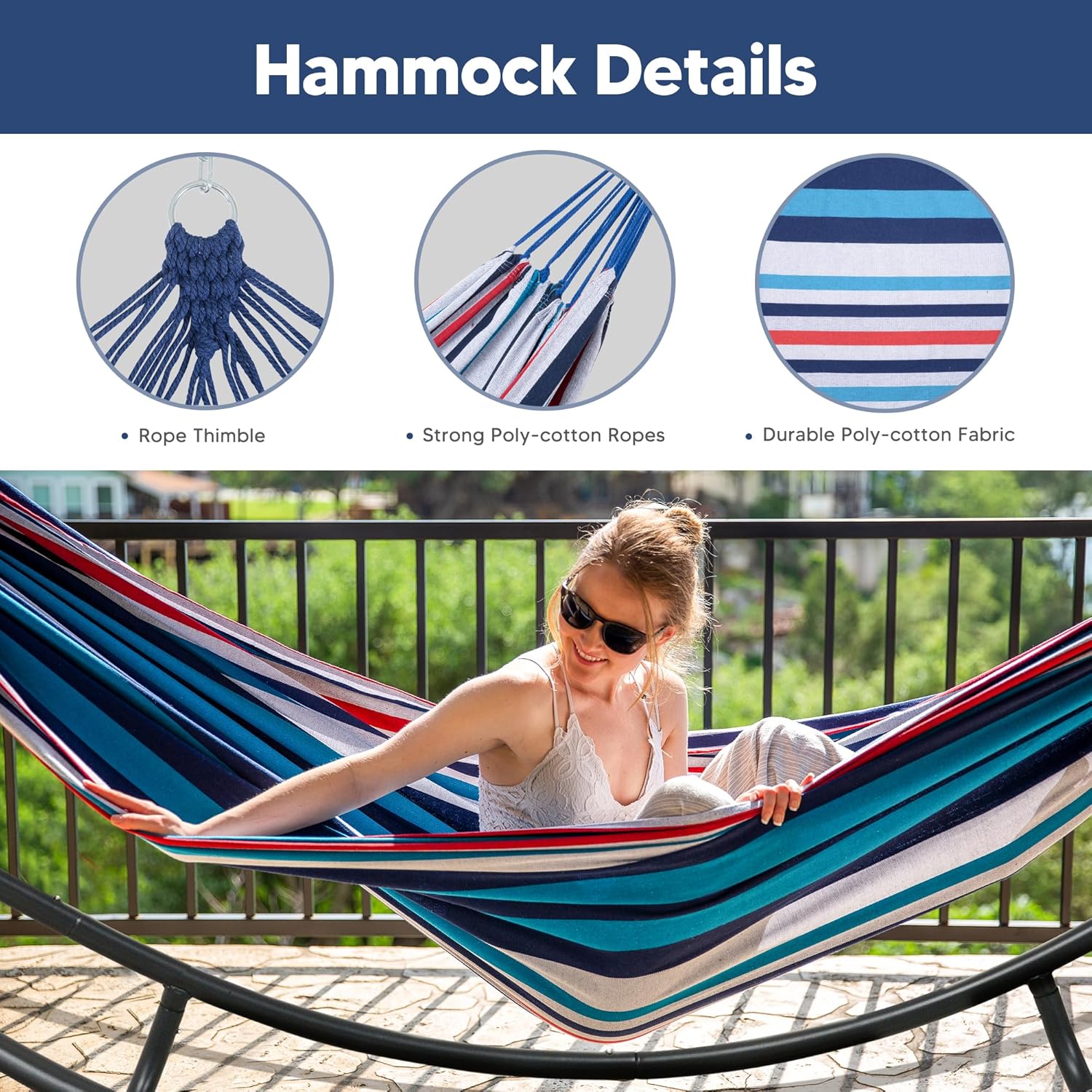 SUNCREAT 2 Person Hammock with Stand, Space Saving Free Standing Hammock with Stand Included, Patent Pending, Blue Red