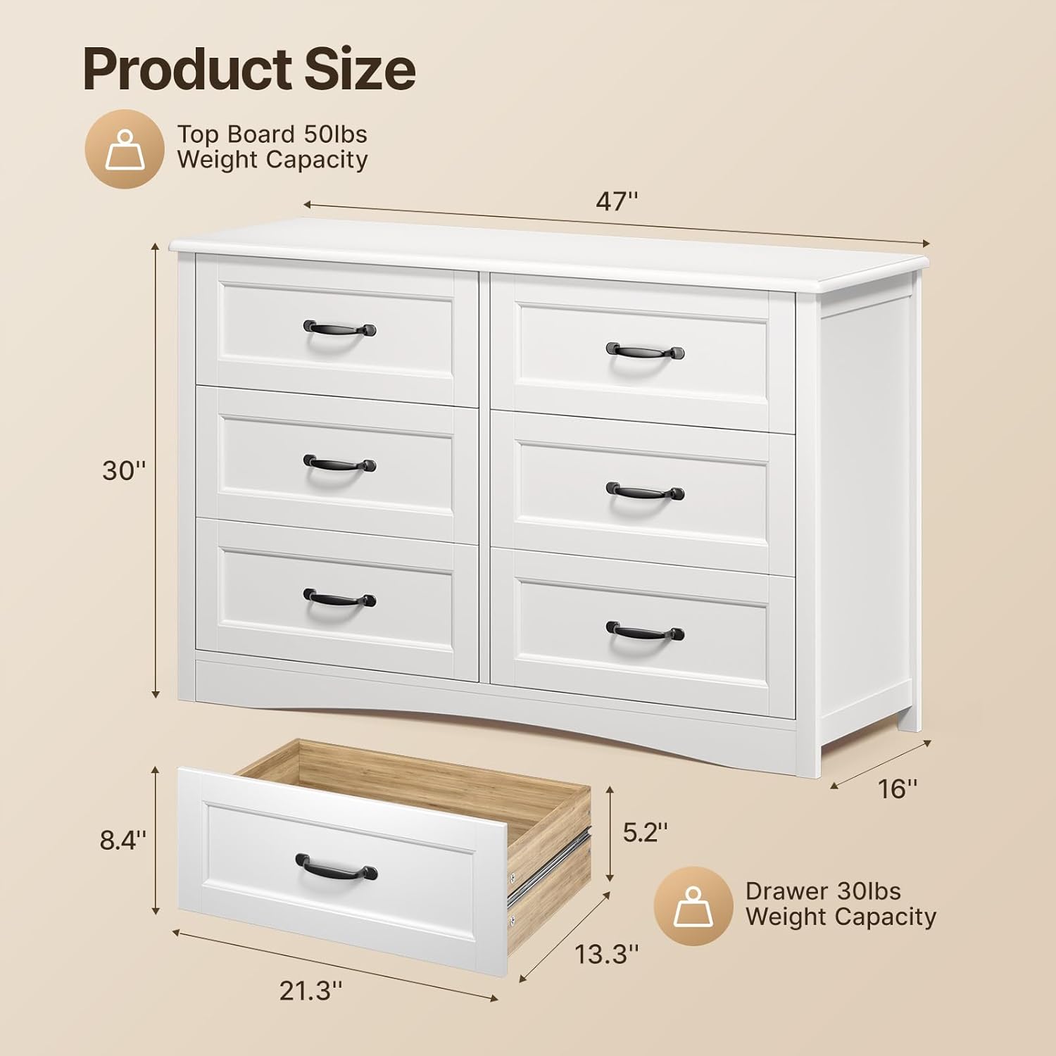 Gizoon 6 Drawer Dresser for Bedroom .47'' Larger Chest of Drawers with Mental Handle for Kids Room, White Dresser with 6 Storage Drawers for Living Room, Entryway and Hallway, White