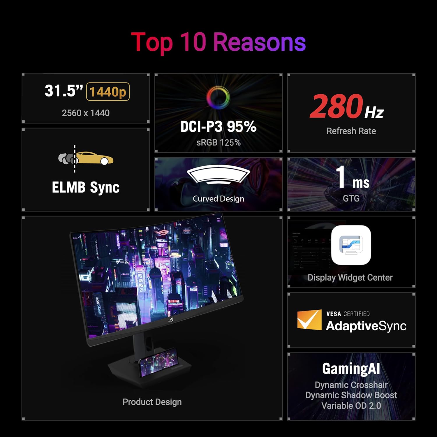 ASUS ROG Strix 32” 1440P USB-C Curved HDR400 Gaming Monitor (XG32WCMS) - QHD (2560x1440), 280Hz, 1ms, Fast VA, Extreme Low Motion Blur Sync, DisplayWidget, Tripod Socket, AI Gaming, 3 yr Warranty