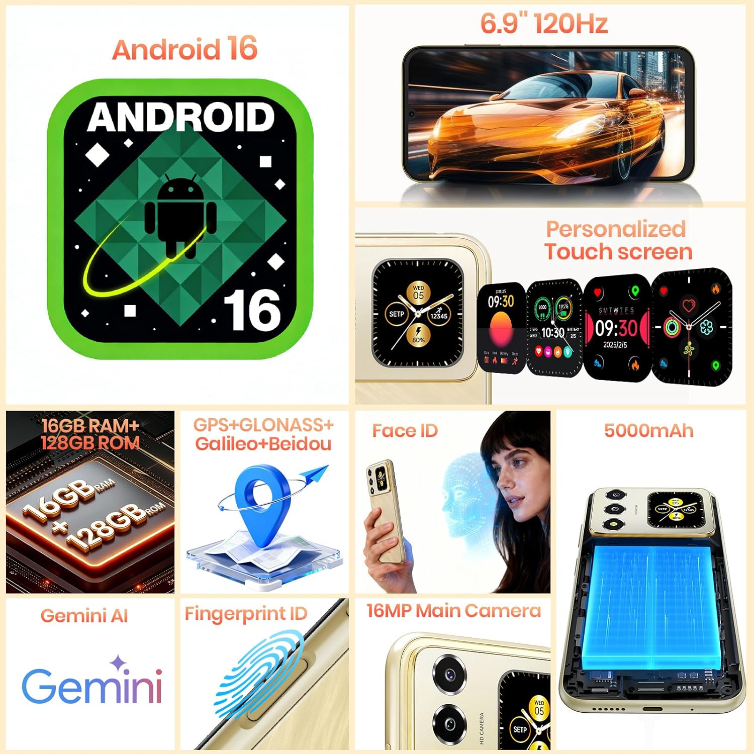 FOSSIBOT S7 Android 16 CellPhones, 16GB+128GB+2TB Unlocked Phone, 6.9
