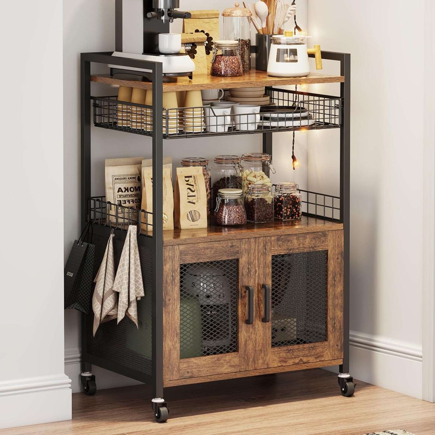 Hencawima Coffee Bar Cabinet, 3 Tier Coffee Station Table on Wheels, 35.9