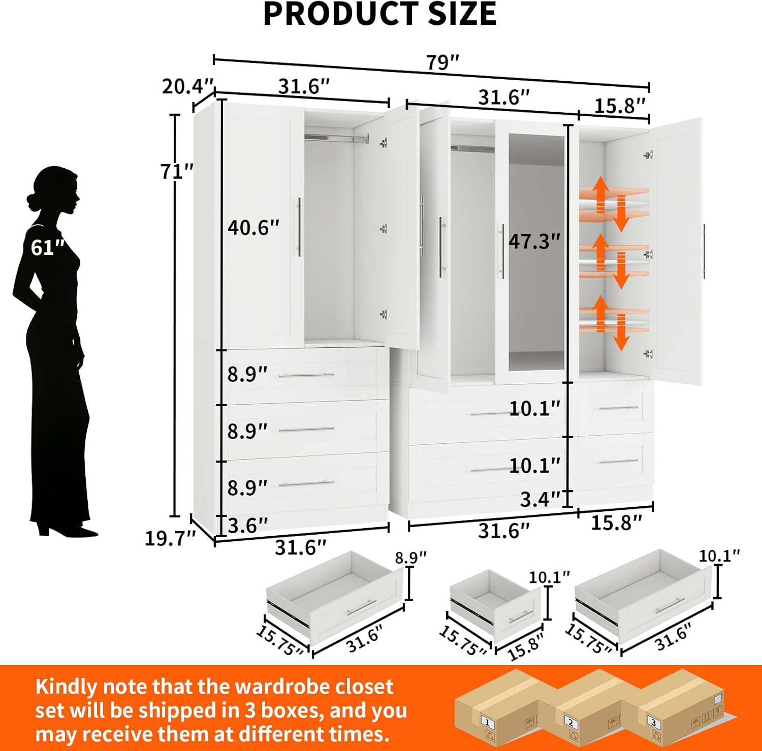 fastgo Armoire Wardrobe Closet with 7 Large Deep Drawers and Mirror, 71