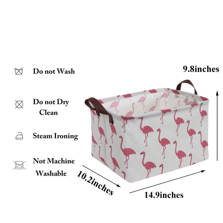 Flamingo storage bin, foldable rectangular basket with handles, linen canvas organizer for toys, clothes, pet supplies, home decor, waterproof, pink