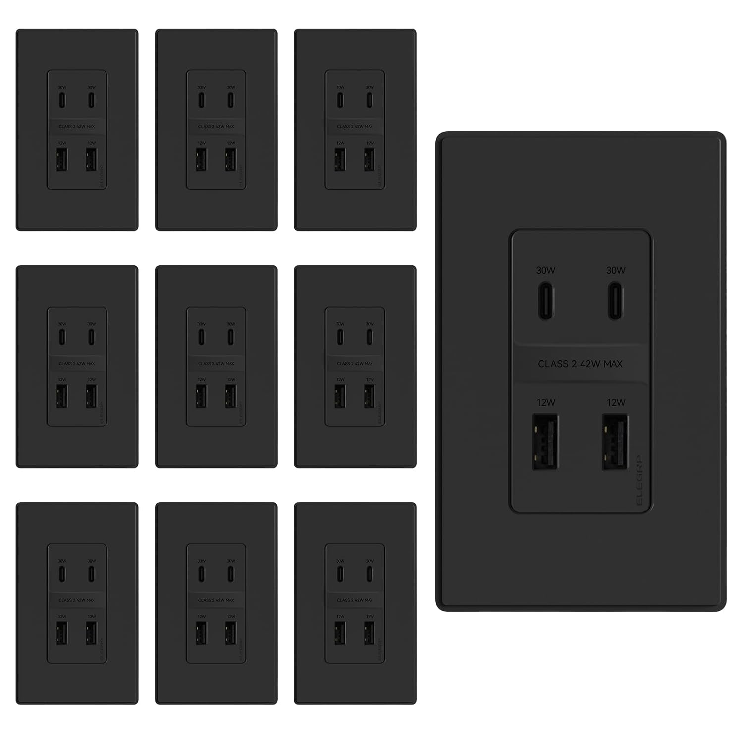 ELEGRP 42W Fast Charge & Power Delivery 4-Port USB Wall Outlet, UL/CUL Listed, Wall Plate Included, 10 Pack, Matte Black