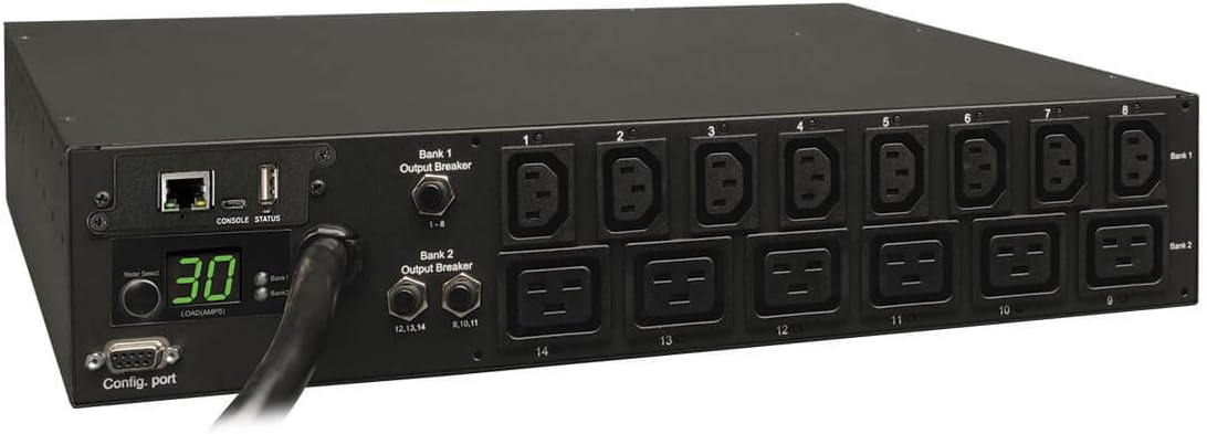 Tripp Lite 5.8kW Single-Phase Switched PDU with LX Platform Interface, 208/240V Outlets (8 C13 & 6 C19), L6-30P Input, 15ft Cord, 2U Rack-Mount, TAA (PDUMH30HV19NET),Black