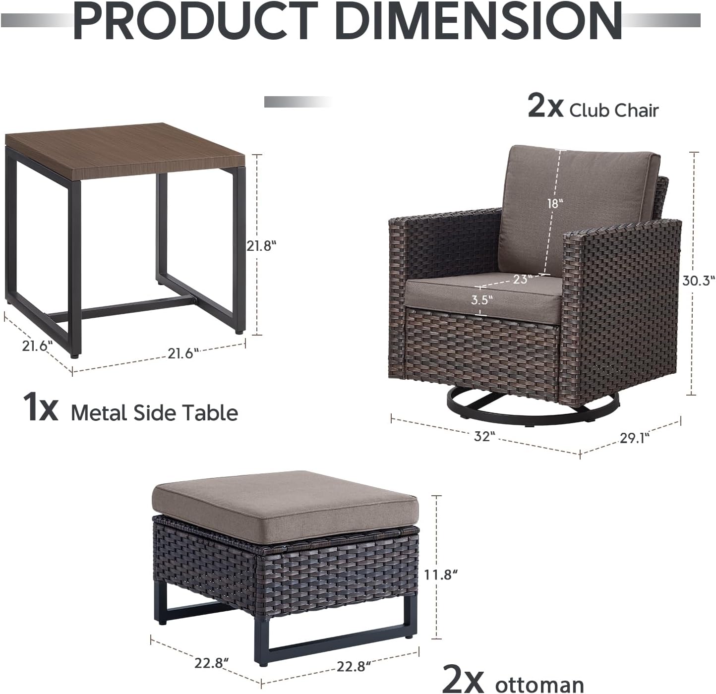 Outdoor Swivel Rocker Chairs - 5 Piece Patio Bistro Set Wicker Patio Rocking Chairs Set with Side Table and Ottomans, 360° Swivel Glider Proch Furniture for Balcony Deck - Brown/Grey