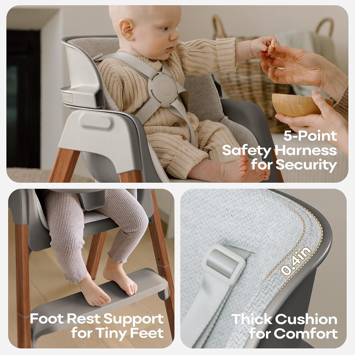 Fodoss Baby High Chair, 4-in-1 Foldable Design, Sturdy Wood Grain, Removable Dishwasher Safe Tray, 5-Point Harness, Easy Clean, Light Gray