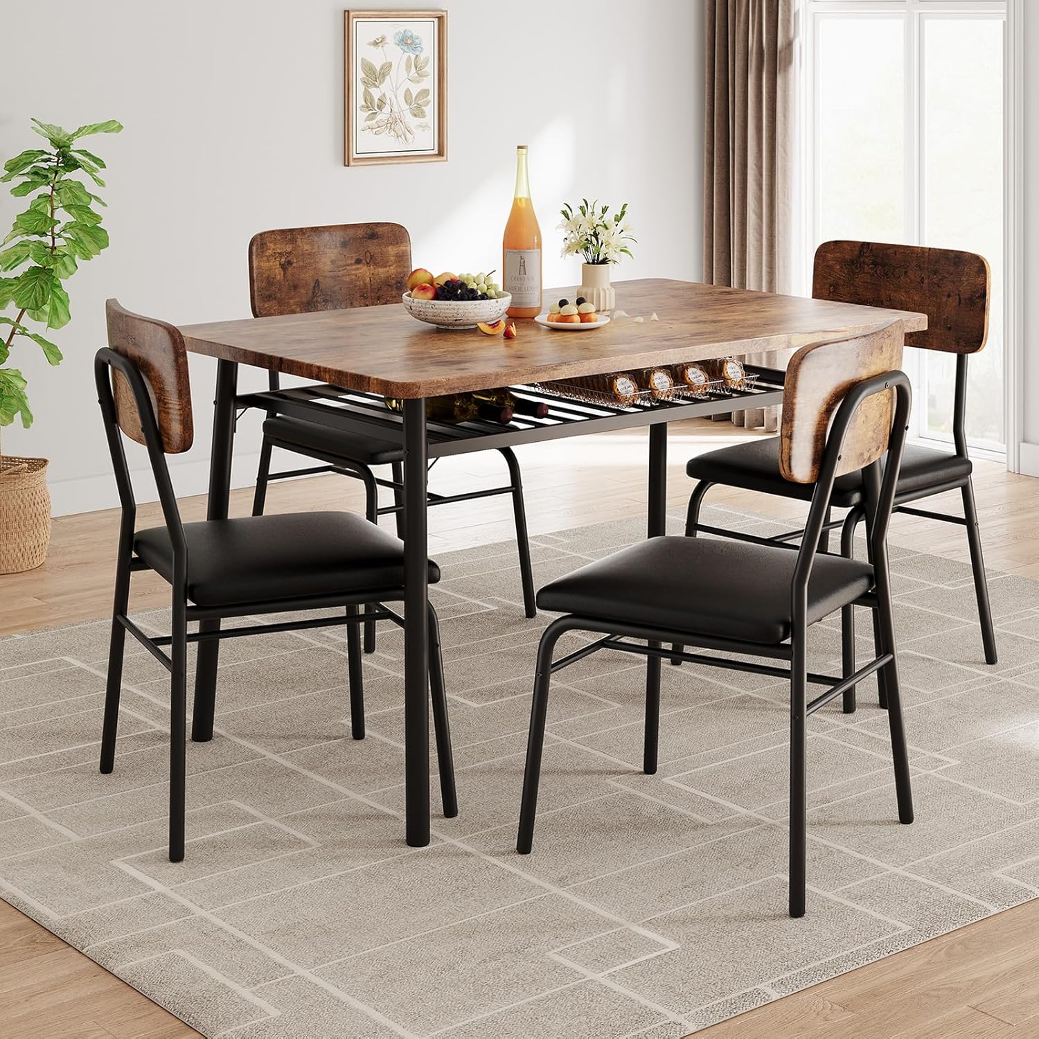 GarveeHome Dining Table Set for 4 with Storage Rack, 5-Piece Kitchen Table and Upholstered Chairs of 4, Wood Tabletop & Heavy-Duty Metel Frame, Dining Room Set for Small Space, Apartment, Brown