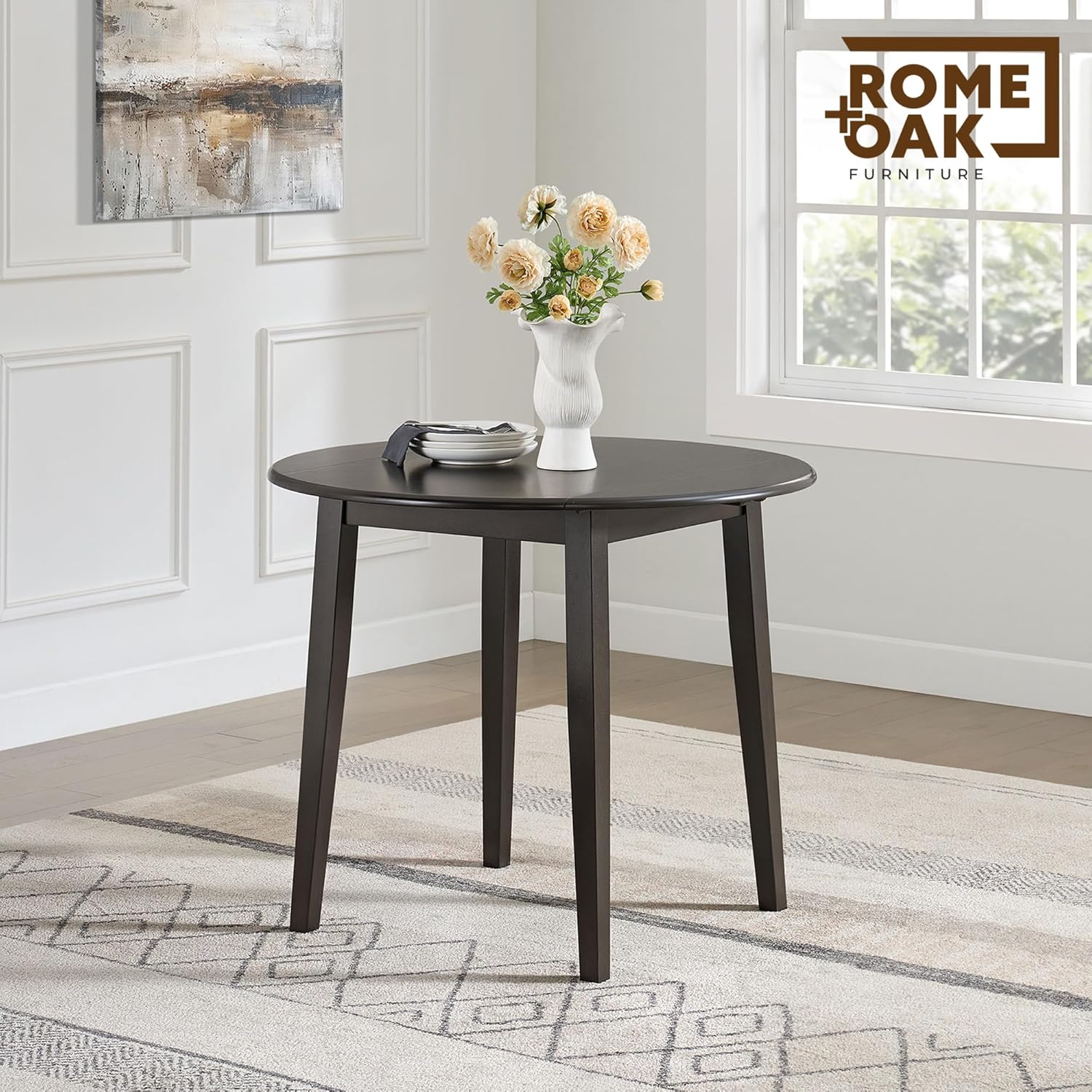 ROME + OAK Hinged Drop Leaf Dining Table, 22-36 Inch Round Tabletop with Sturdy Base, Dark Brown - Modern Solid Wooden Furniture Piece for Home