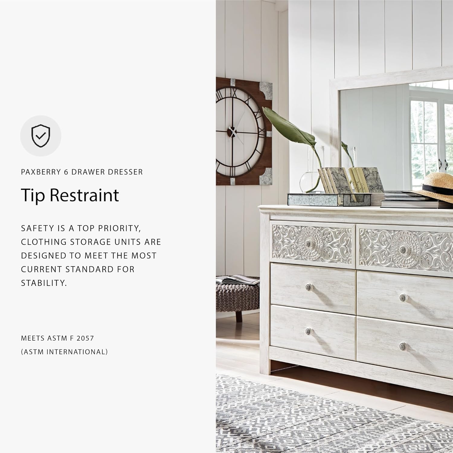Signature Design by Ashley Paxberry Boho 6 Drawer Dresser, Smooth-gliding Faux Laminate Lined Drawers, Wood, 61.26