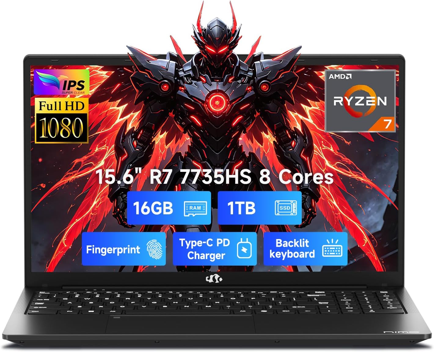 NIMO Gaming Laptop, AMD Ryzen 7 7735HS (8-Core Beats i7-12650H), 16GB DDR5 1TB SSD, 100W PD, Radeon 680M 15.6