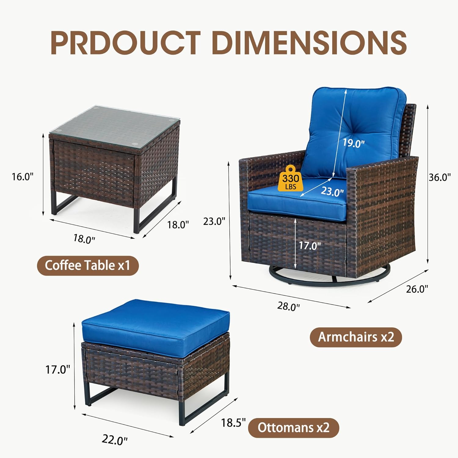 AVAWING 5 Piece Wicker Swivel Rocker, Patio Glider Chairs with Ottoman & Tempered Glass Side Table, Outdoor Conversation Set for Backyard, Garden and Poolside(Blue)
