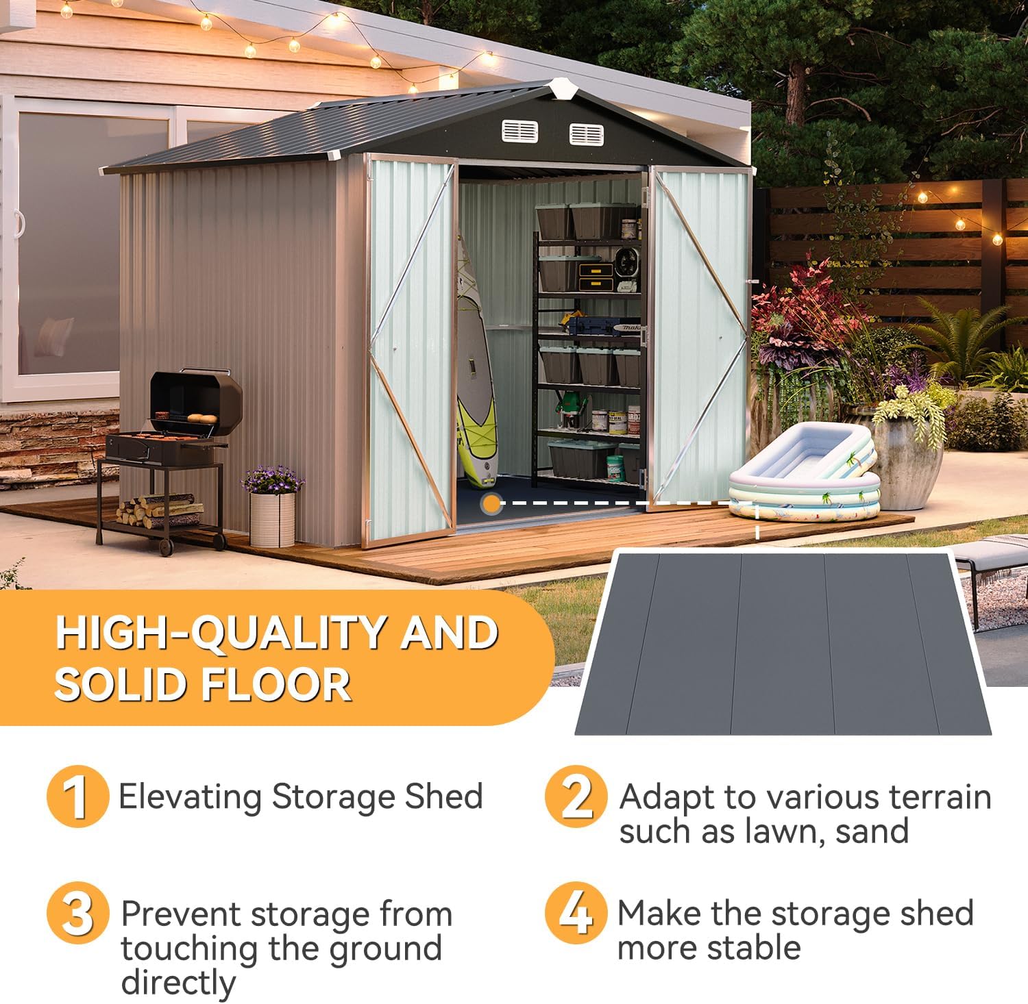 Aoxun 8x6FT Shed with Floor Galvanized Steel Outdoor Storage Shed Metal Garden Shed with Double Doors, Moisture-Proof Floor & Ventilation, Sloped Roof for Bike/Generator/Tool Storage (Brown)