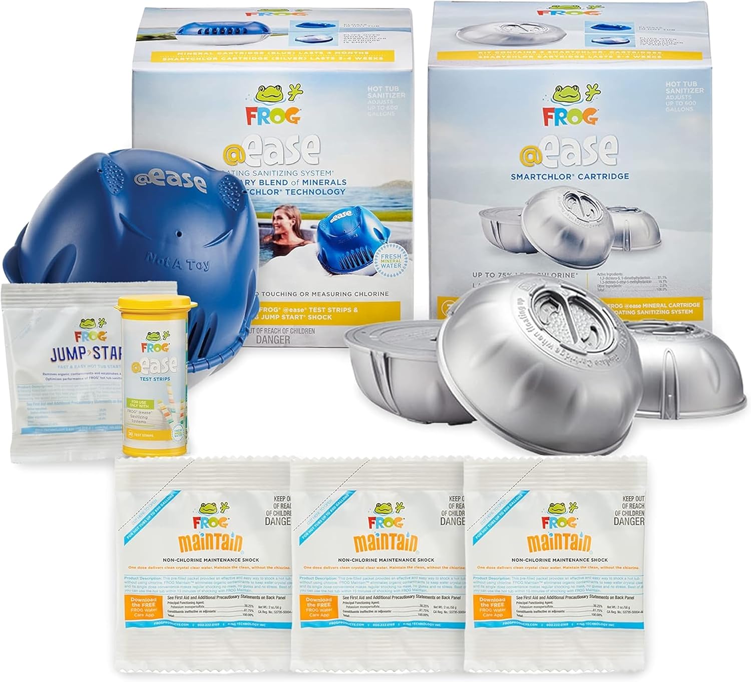 FROG @Ease Floating System for Hot Tubs - Quick & Easy Self-Regulating Hot Tub Sanitizer - Hot Tub Maintenance System with Sanitizing Minerals & SmartChlor Technology - 4 Month Bundle+
