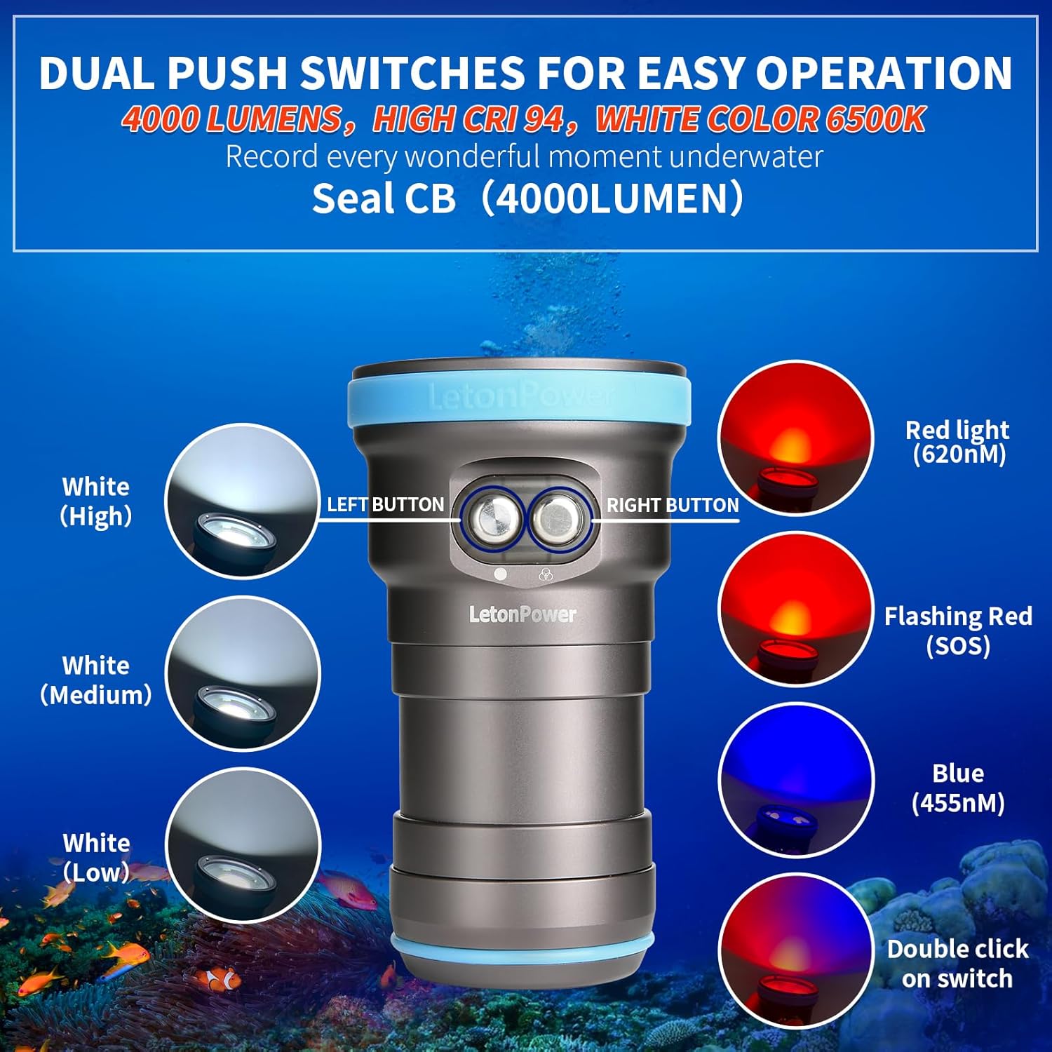 Seal CB 4000 Lumen Dive Light for Underwater Photography, 100m Underwater Video Light 94 CRI with 120 Degree Wide Beam Angle Scuba Flashlight for Professional Dive Photography Fill Light