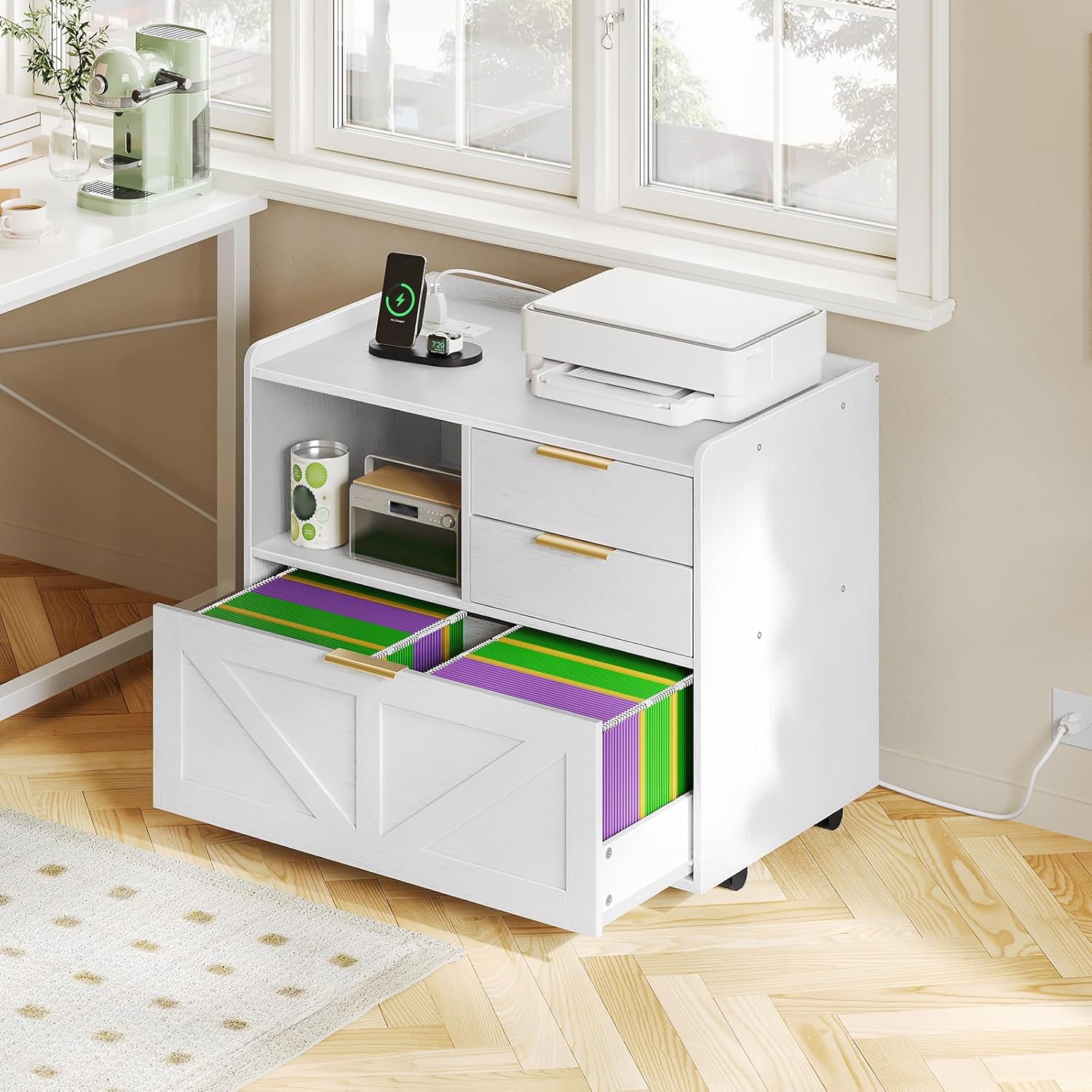 HOOBRO Lateral File Cabinet, Wooden Office Storage Drawers with Charging Station, Filing Cabinet for Home Office, A4/Letter/Legal-Sized Files, Printer Stand with Open Storage Spaces, White WT37UWJ01