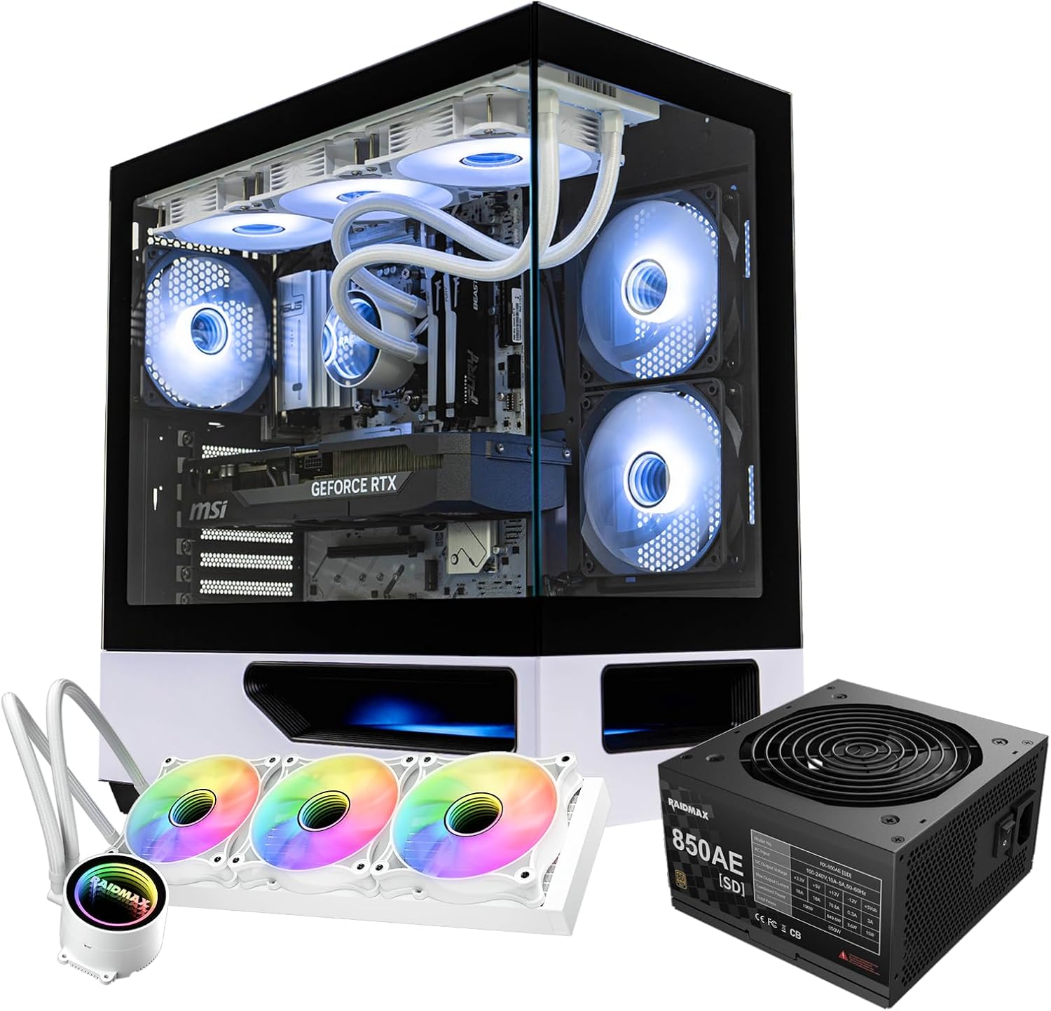 RAIDMAX H200 Bundle with 5X ARGB Fans, 360mm ARGB Liquid Cooler & RX-850AESD 850W ATX 3.1 PCIe Gen 5 PSU, Patented Air Tunnel Design, Supports 400mm GPU (CASE+850W+360AIO)