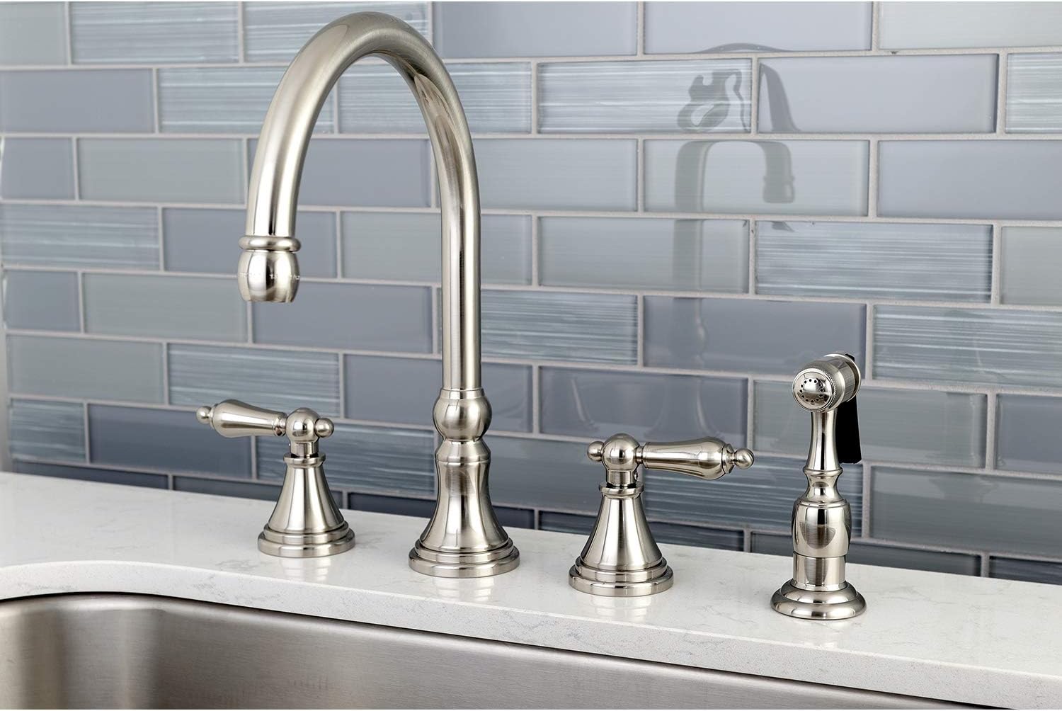 Kingston Brass KS2798ALBS Governor Deck Mount Kitchen Faucet with Brass Sprayer, 8-1/4-Inch, Brushed Nickel