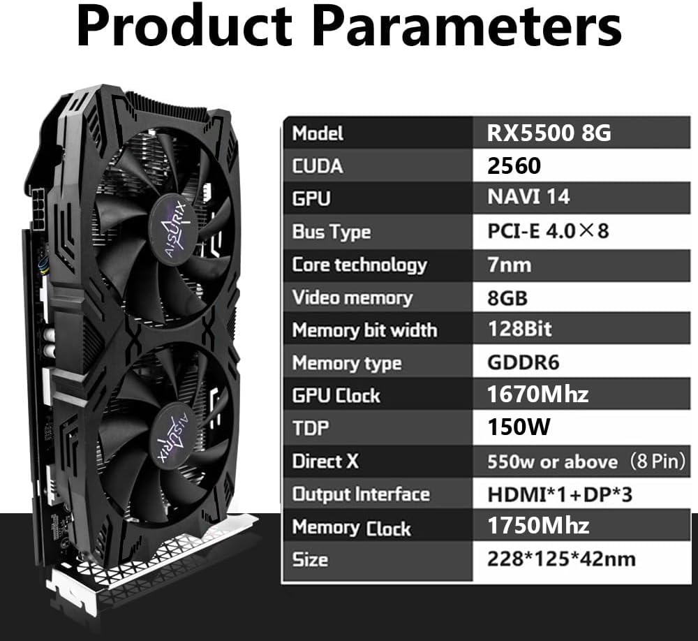 AISURIX RX 5500 8gb GDDR6 Graphics Card,128 Bit, 3XDP, HDMI, PCI Express 4.0X8, 8pin with Fan Intelligent System,Gaming PC Computer Video Cards with 3X DisplayPort +1X HDMI (5500)