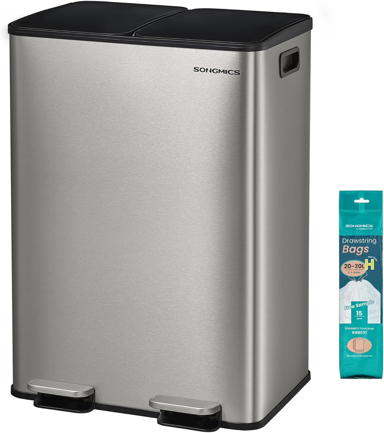 SONGMICS Trash Can, 2 x 8 Gallon (2 x 30 L) Dual-Compartment Garbage Can with Soft-Close Lid, Pedal and Inner Buckets, Stainless Steel, Includes 15 Liner Bags, Silver ULTB741EZ01
