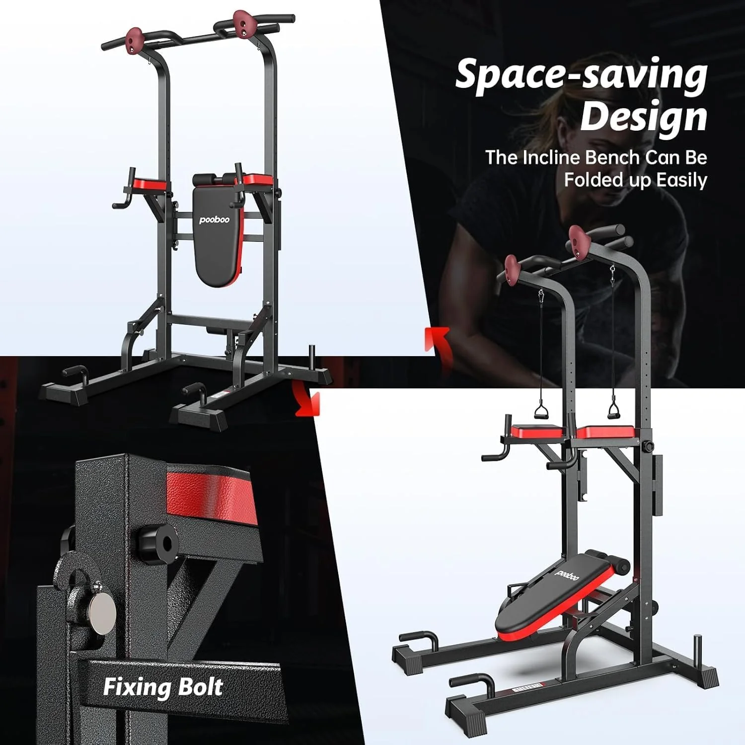 Pooboo Power Tower Dip Station, Pull-Up Bar, Supine Board, Adjustable
