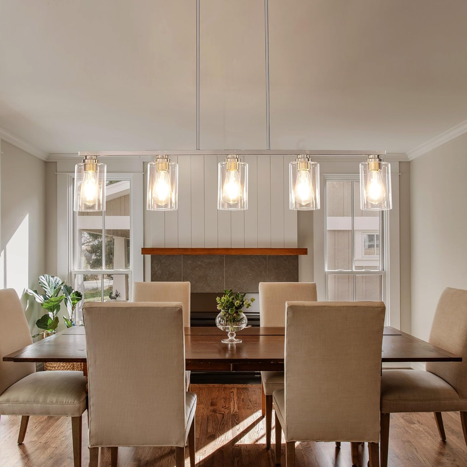 Mecgirn Island Light for Kitchen, Brushed Nickel Dining Room Light Fixture Over Table, 5-Light Linear Chandelier Pendant Lighting for Dining Table Kitchen Island Living Room