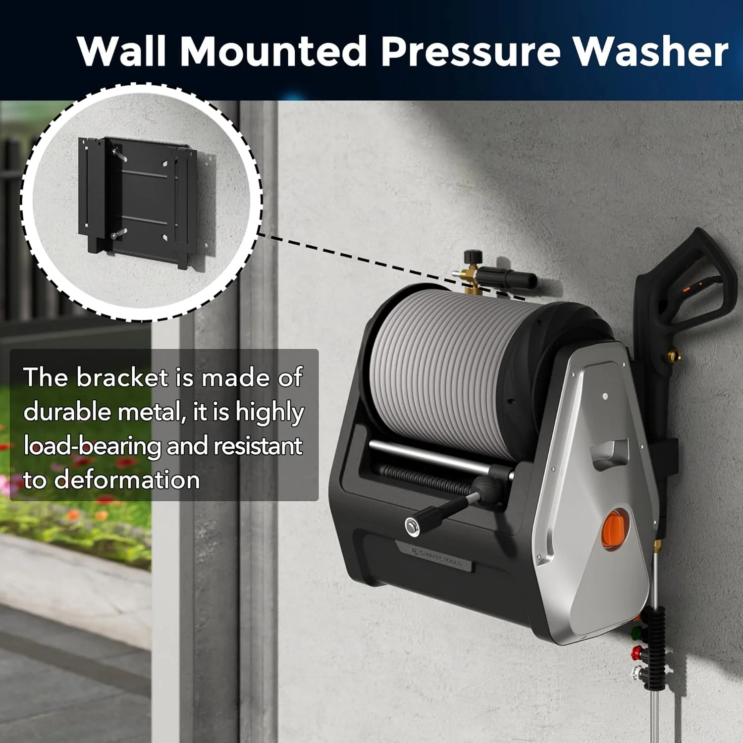 Pressure Washer, Electric Wall Mounted Power Washer with 100FT Retractable Hose, Soap Tank and 4-Nozzle Set, Dark Silver