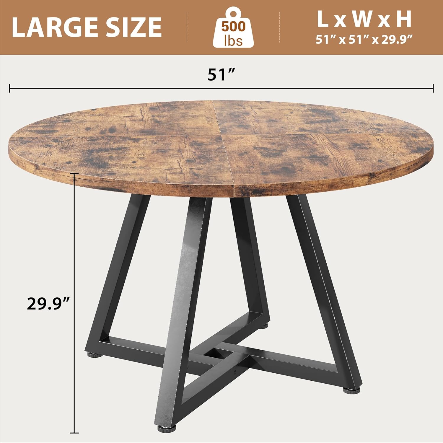 Jocoevol 51“ Round Kitchen Dining Room Table for 6-8, Circle Dining Dinner Table with Pedestal Metal Frame, Space Saving Wood Industrial Furniture for Small Space (Rustic Brown)
