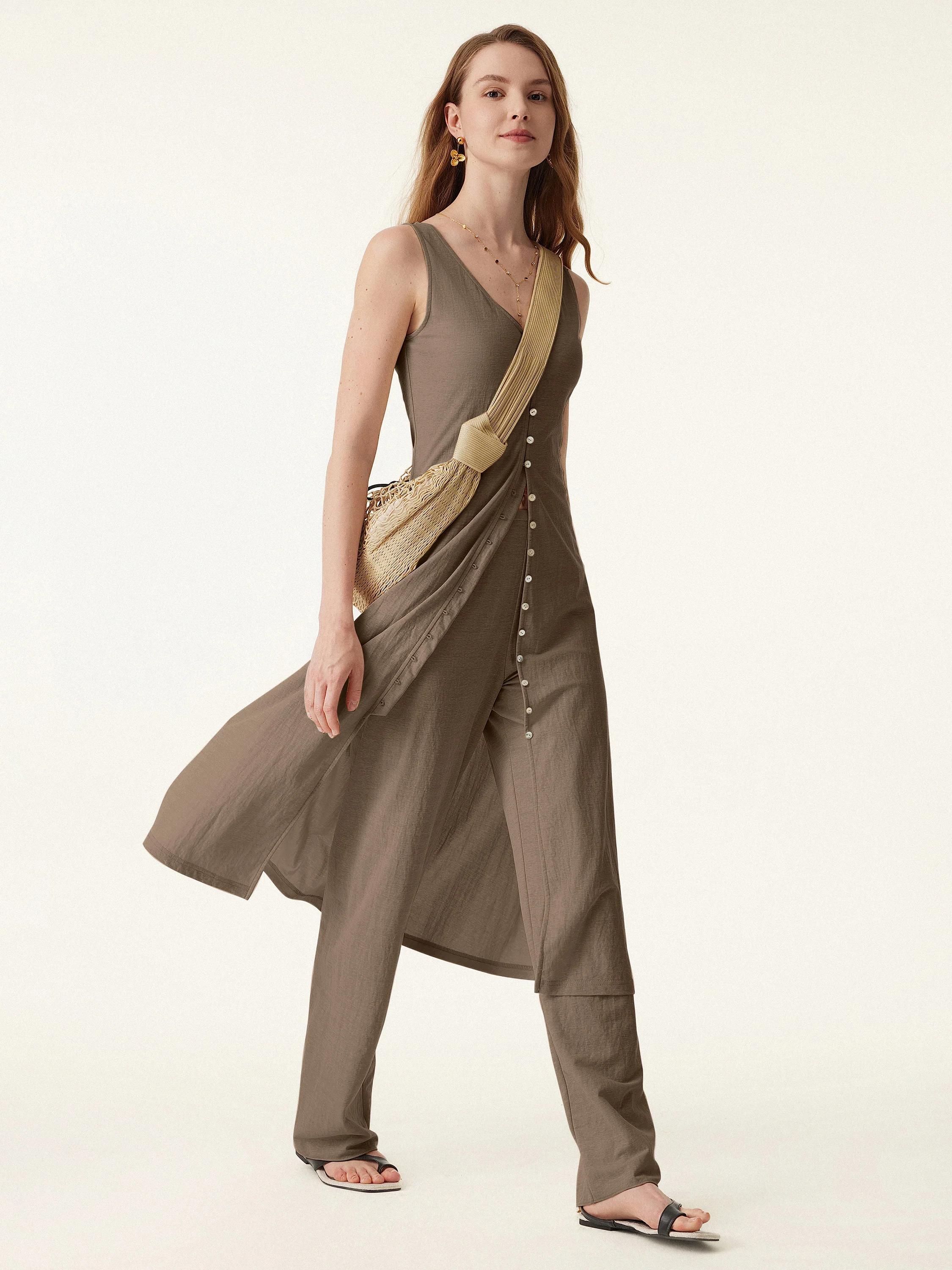 2Pcs Set V-neck Button Front Midi Vest Dress & Mid Rise Straight Leg Pant