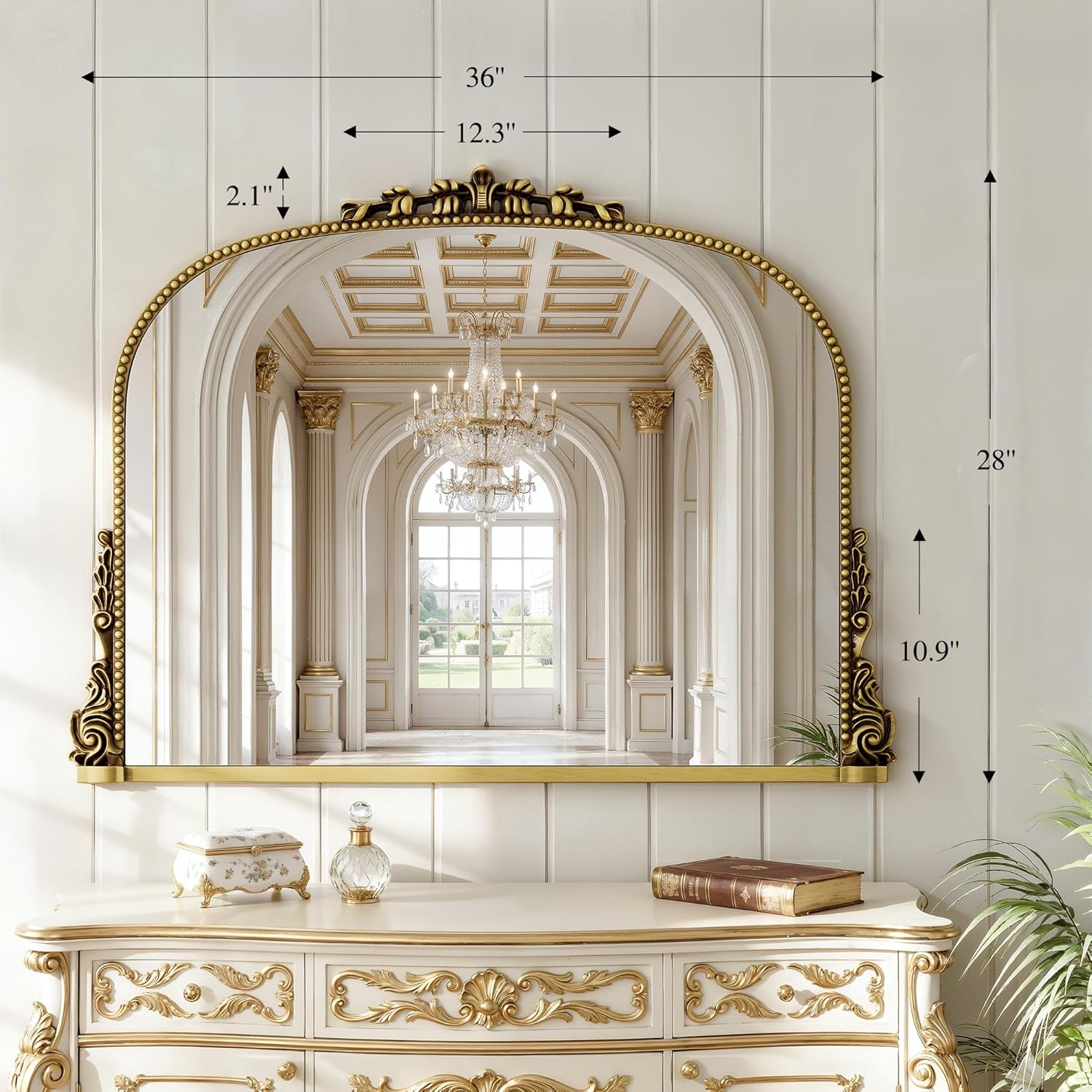 26x38 inch Vintage Arched Gold Ornate Baroque Mirror - Wall Vanity Mirror with Beautiful Retro Top and Bottom Engraving Process Frame for Bathroom, Living Room, Fireplace, Entryway, HD Tempered Glass