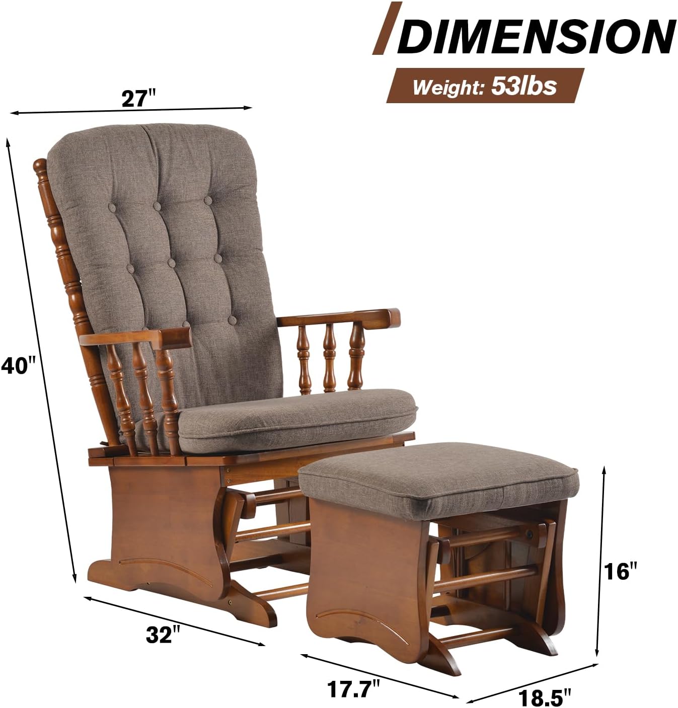 Solid Wood Nursery Glider and Ottoman Set, Anti-Pinch Safe Rocking Chair with Padded Cushion, Rustic Rubber Wood Glider for Nursing Mother, Living Room, Bedroom, Brown