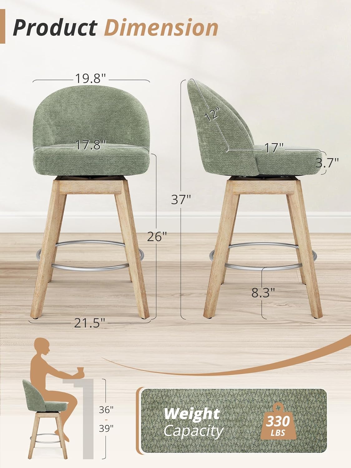 LUE BONA 360° Swivel Bar Stools Set of 3, 26