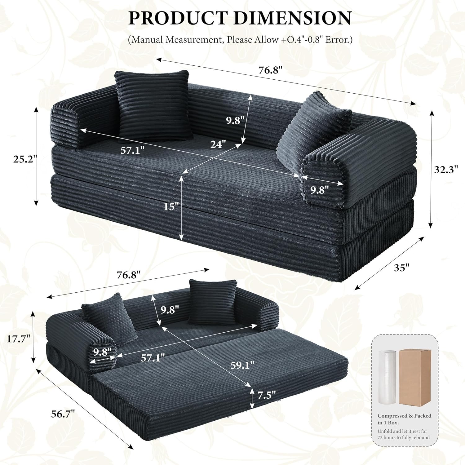 Boneless Couch Versatile Couches for Living Room No-Install Sofa Bed Corduroy Futon Soft Cloud Couch with Pillows for Bedroom Game Movie (Dark Gray, 76