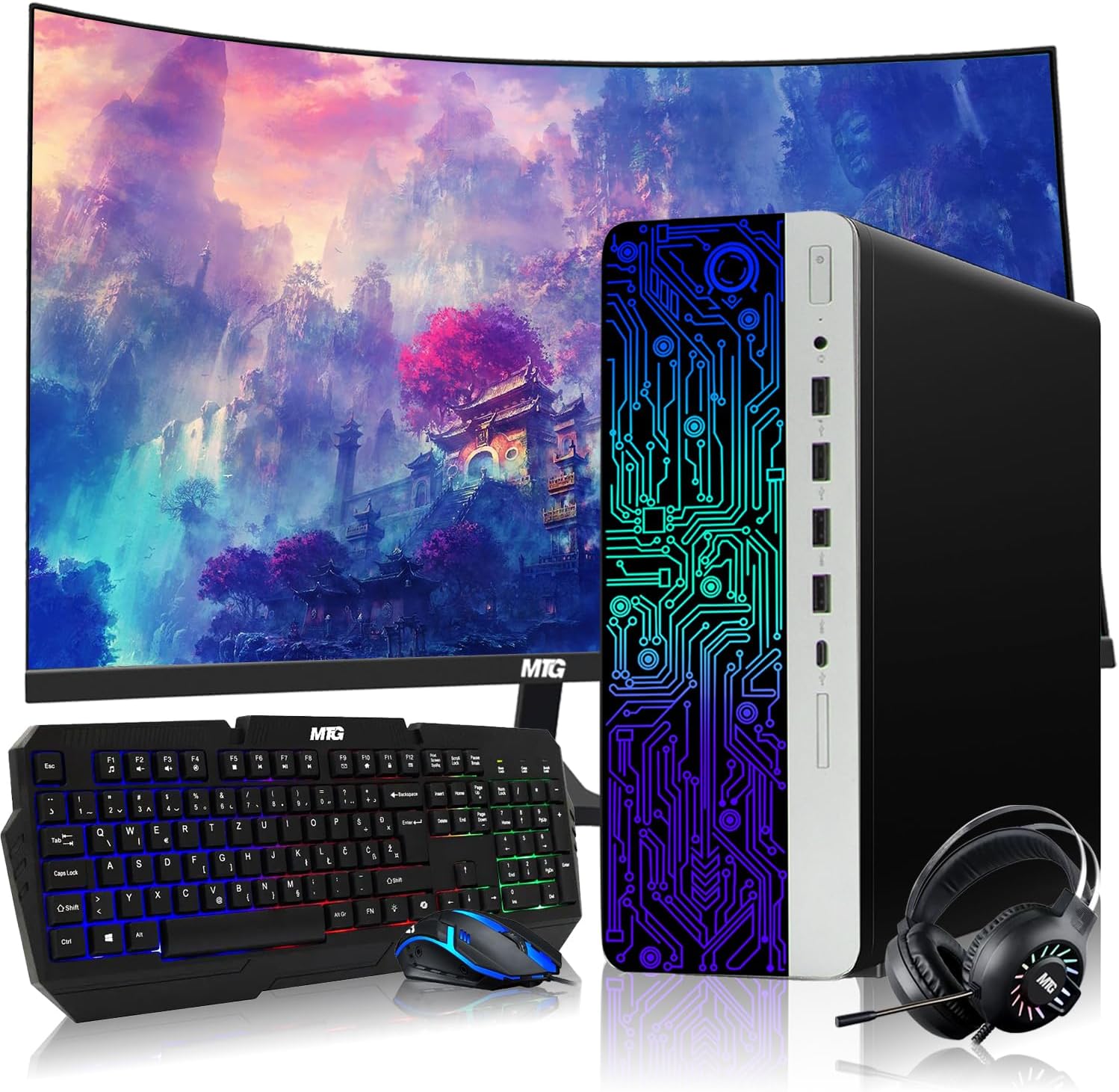 HP G3 Gaming Desktop PC, Intel Core i5 6th Gen, GT 1030 Graphics, 32GB RAM, 240GB SSD + 1TB HDD, MTG 24-inch Curved Monitor, RGB Keyboard Mouse, Headphone, Webcam, WiFi, Windows 11 Pro (Renewed)