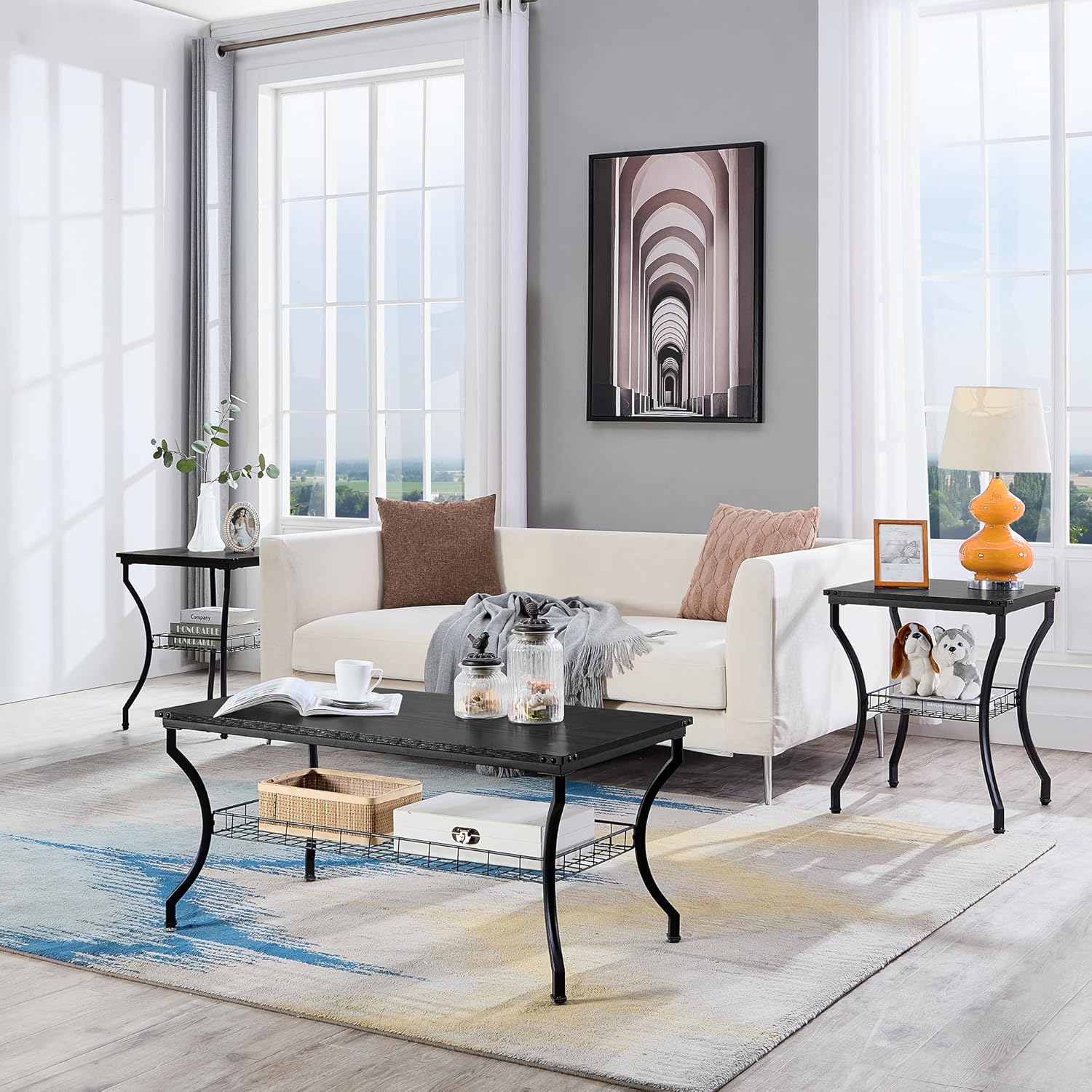 VECELO 3 Pieces Living Room Table Sets, Coffee and End Tables with Open Storage Shelves for Apartment, Home Office, Small Space, Easy Assembly, Black