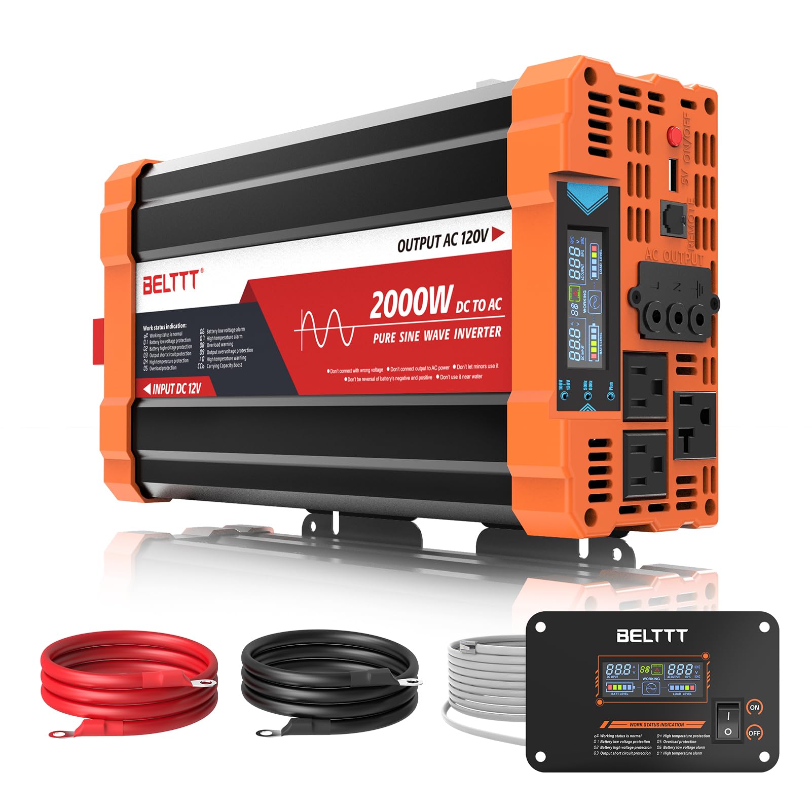 BELTTT 2000W Pure Sine Wave Inverter 12V DC to 120V AC