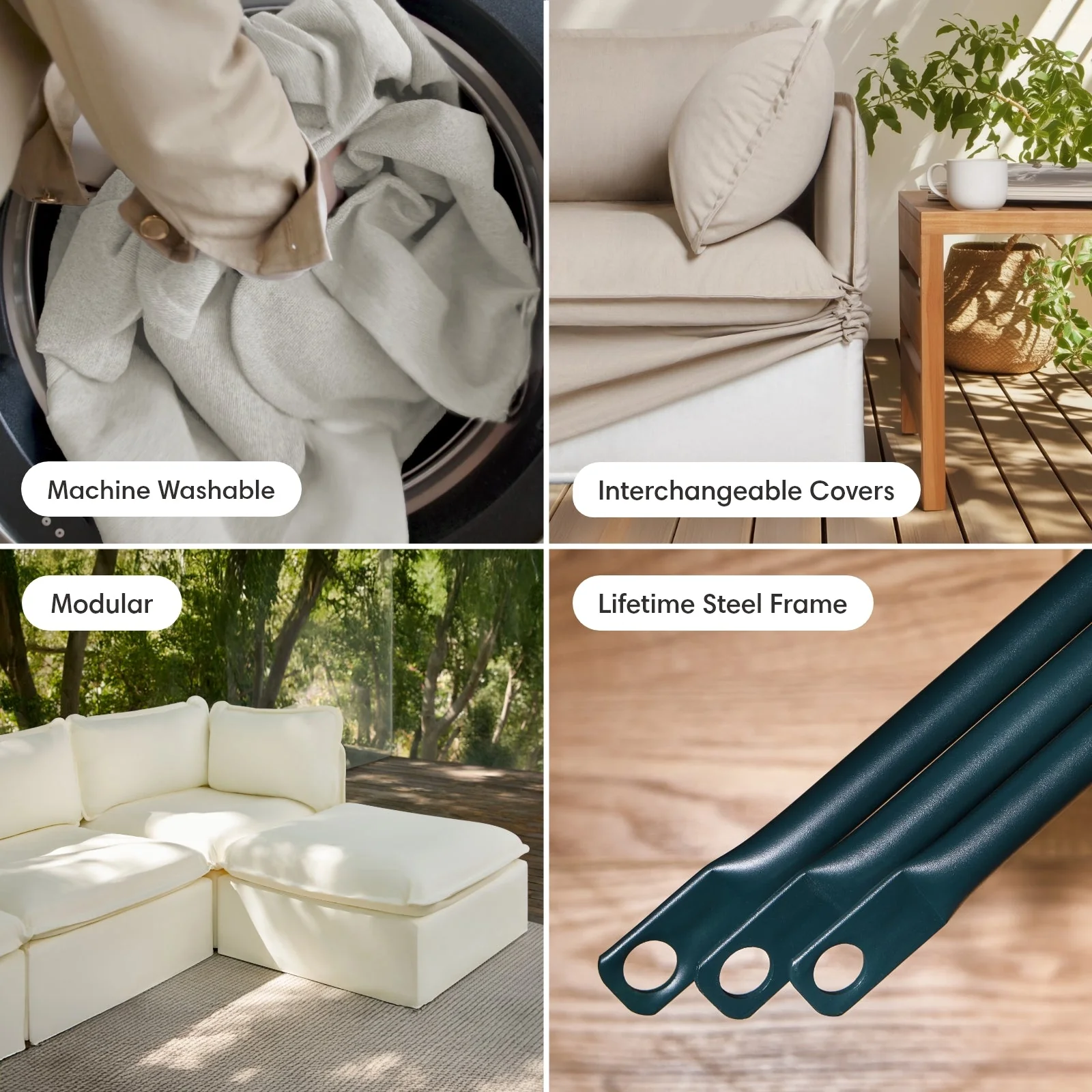 Modular Outdoor Washable 7-Seater Open-Ends U-Sectional + Bench Ottoman | Classic Canvas in Ocean