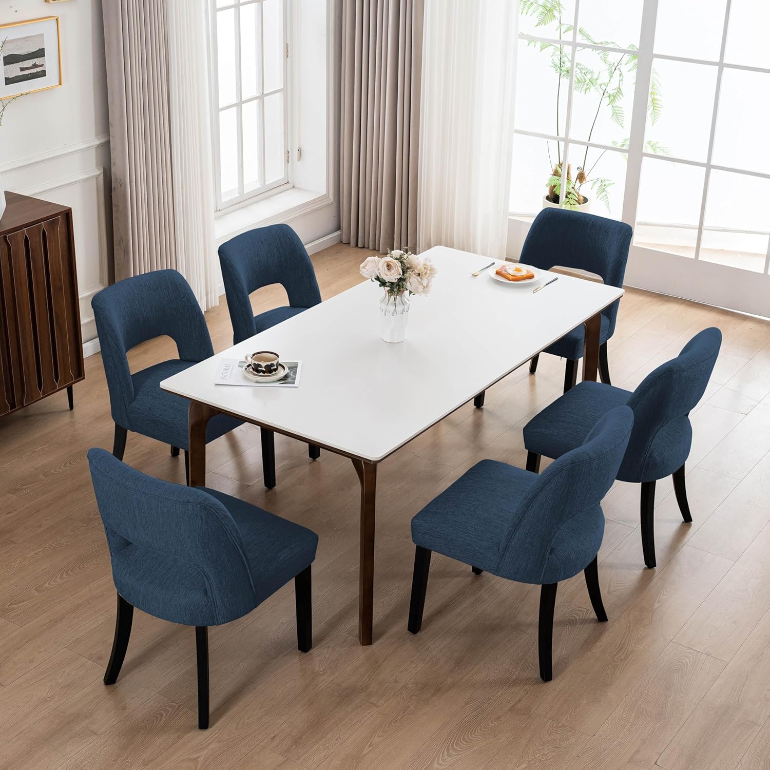 VKNOW Wooden Dining Chairs Set of 6, Modern Fabric Upholstered Dining Room Chair Kitchen Chairs, Farmhouse Dinner Chair for Kitchen Dining Room, Blue-Black Legs