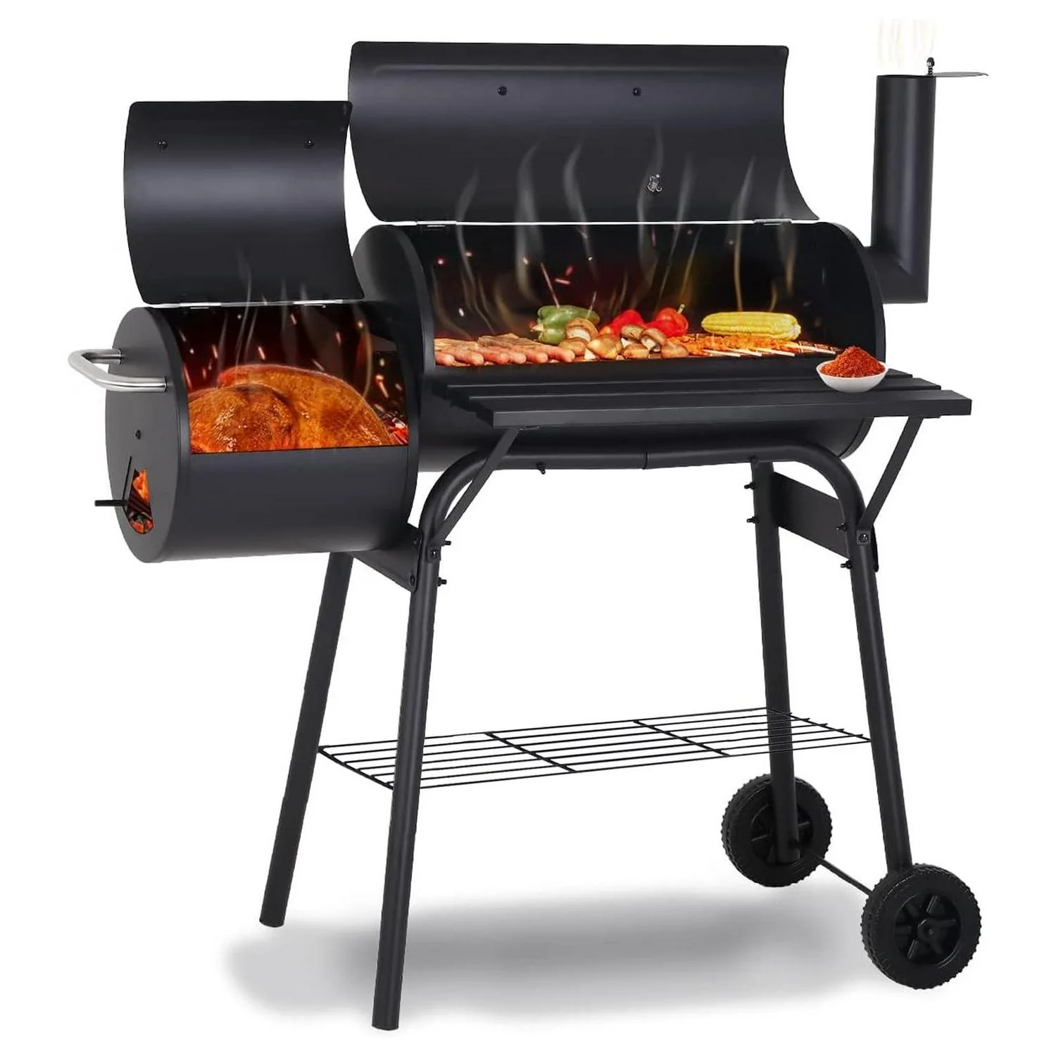 Vebreda Portable Charcoal BBQ Grill with Offset Smoker, Steel, Black, Thermometer, Wheels