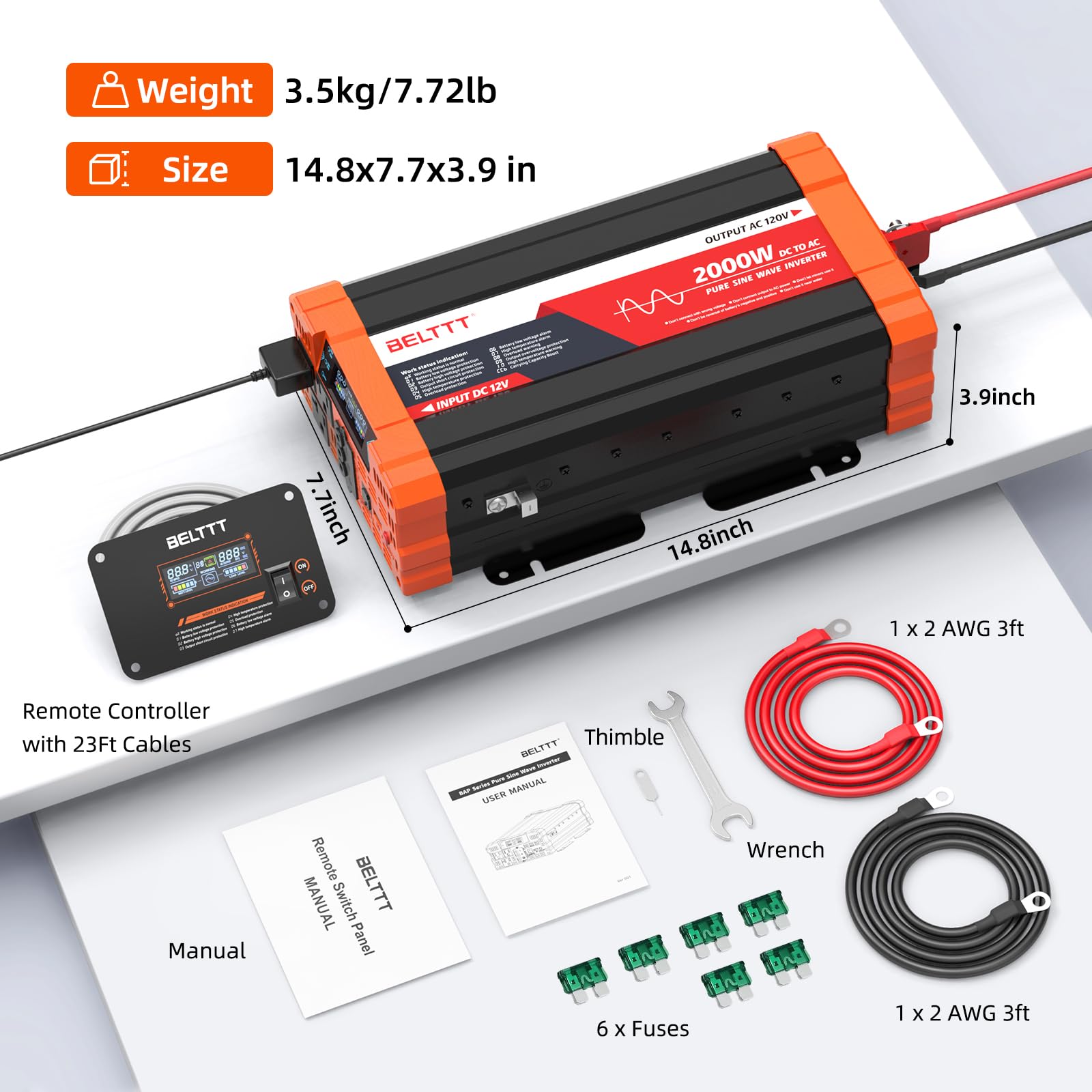 BELTTT 2000W Pure Sine Wave Inverter 12V DC to 120V AC